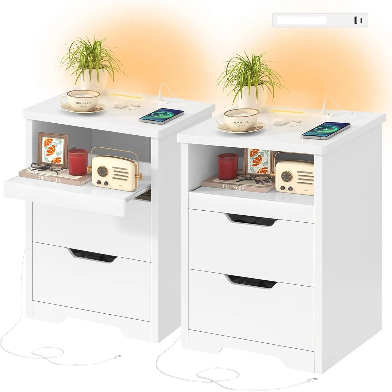 Nachttisch 2er-Set mit LED-Beleuchtung & USB/Type-C Schnellladung, Moderner Beistelltisch und Nachtschrank mit Schiebep…