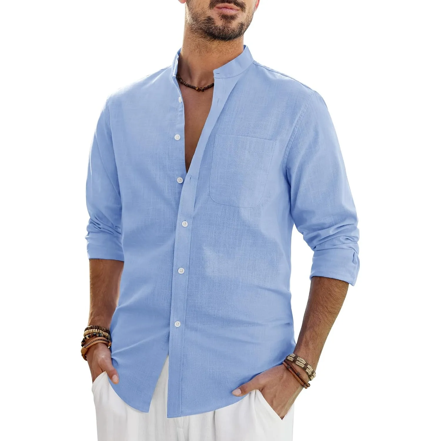 J.VER Leinenhemd Herren Hemd Langarm Stehkragen Leinenshirt Baumwolle Atmungsaktiv Regular Fit Freizeithemden Casual So…