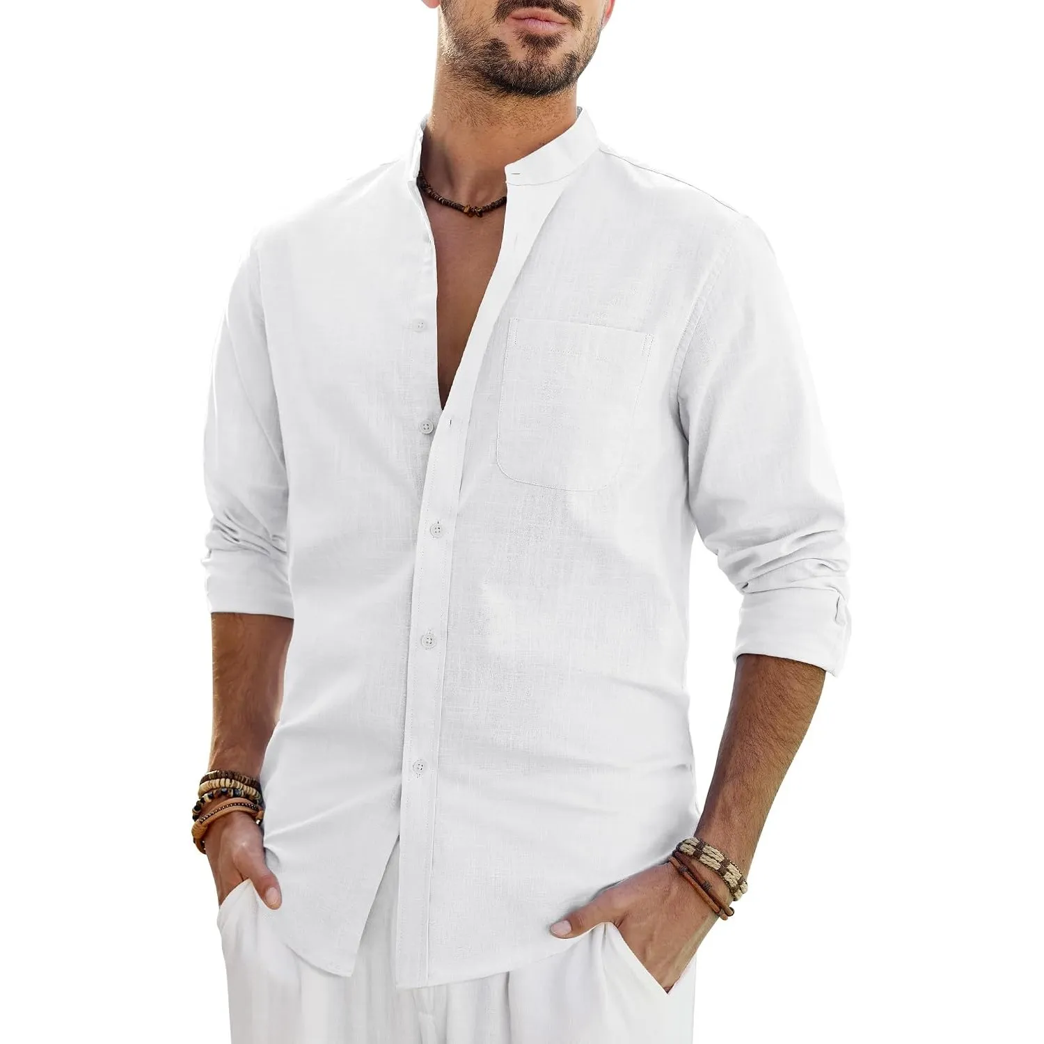 J.VER Leinenhemd Herren Hemd Langarm Stehkragen Leinenshirt Baumwolle Atmungsaktiv Regular Fit Freizeithemden Casual So…