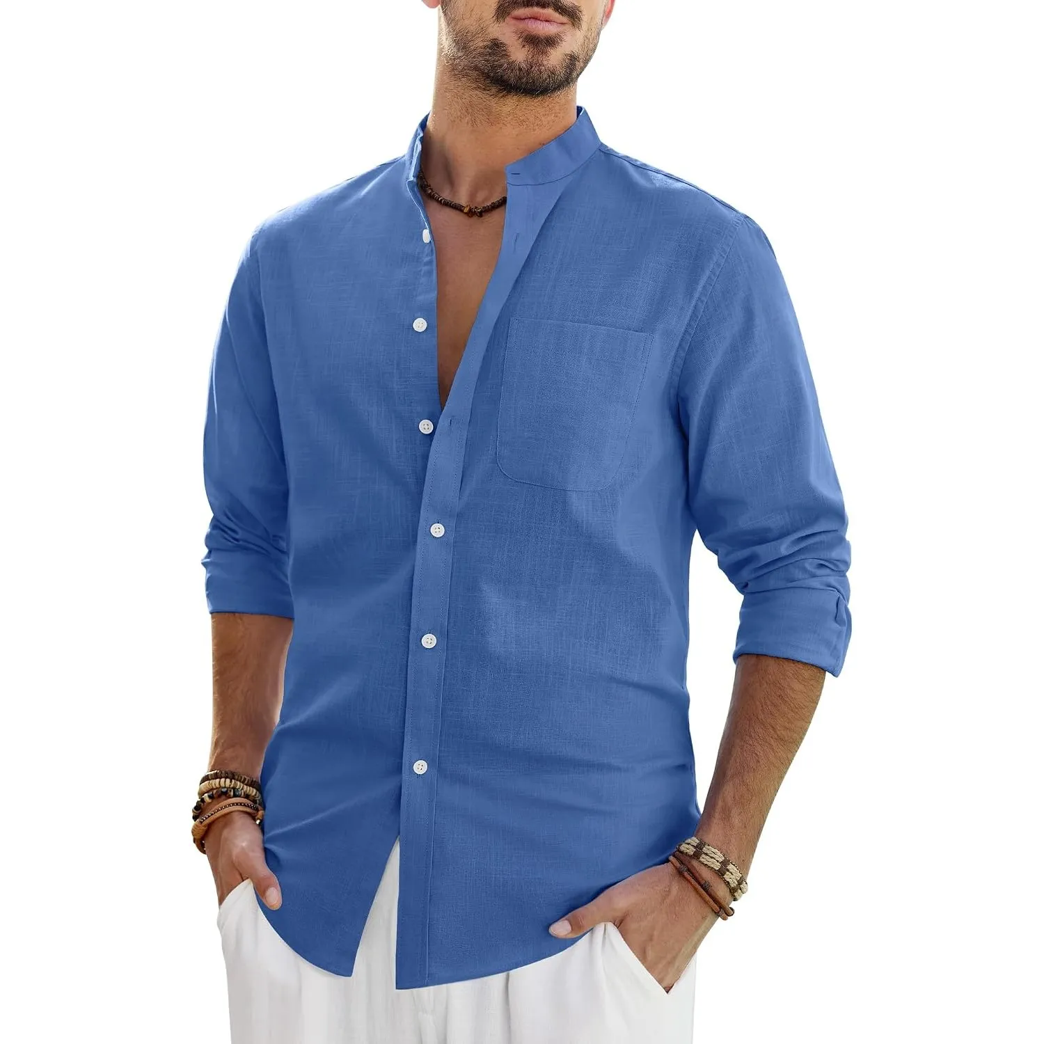 J.VER Herren Hemd Leinen Strukturiert Langarm Baumwolle Stehkragen Shirt