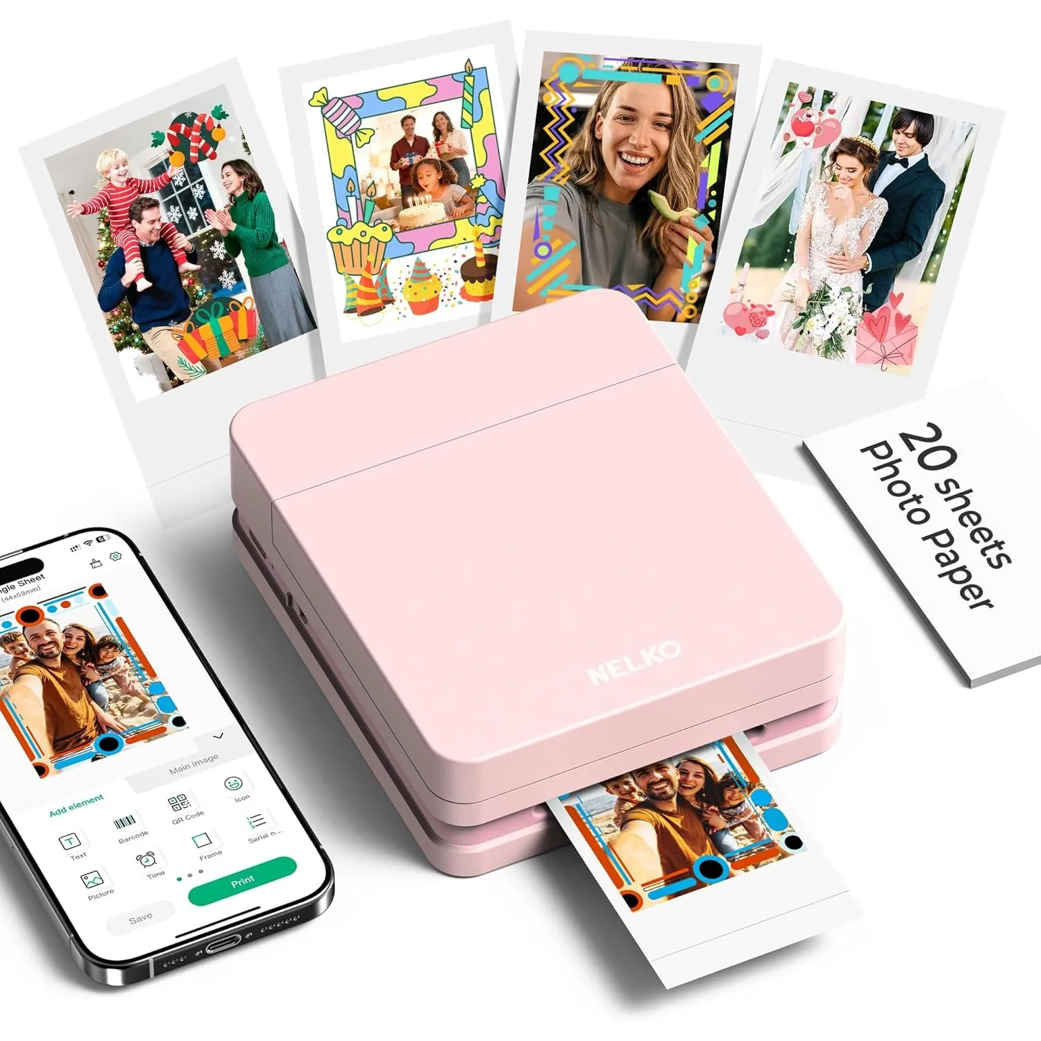Nelko Fotodrucker PP01 Farbe Tragbarer Mini Fotodrucker, Rosa | Smartphone-Tintenstrahl-Aufkleberdrucker für iOS/Androi…