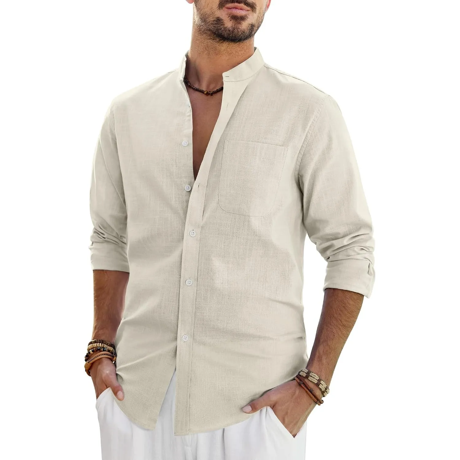 J.VER Leinenhemd Herren Hemd Langarm Stehkragen Leinenshirt Baumwolle Atmungsaktiv Regular Fit Freizeithemden Casual So…