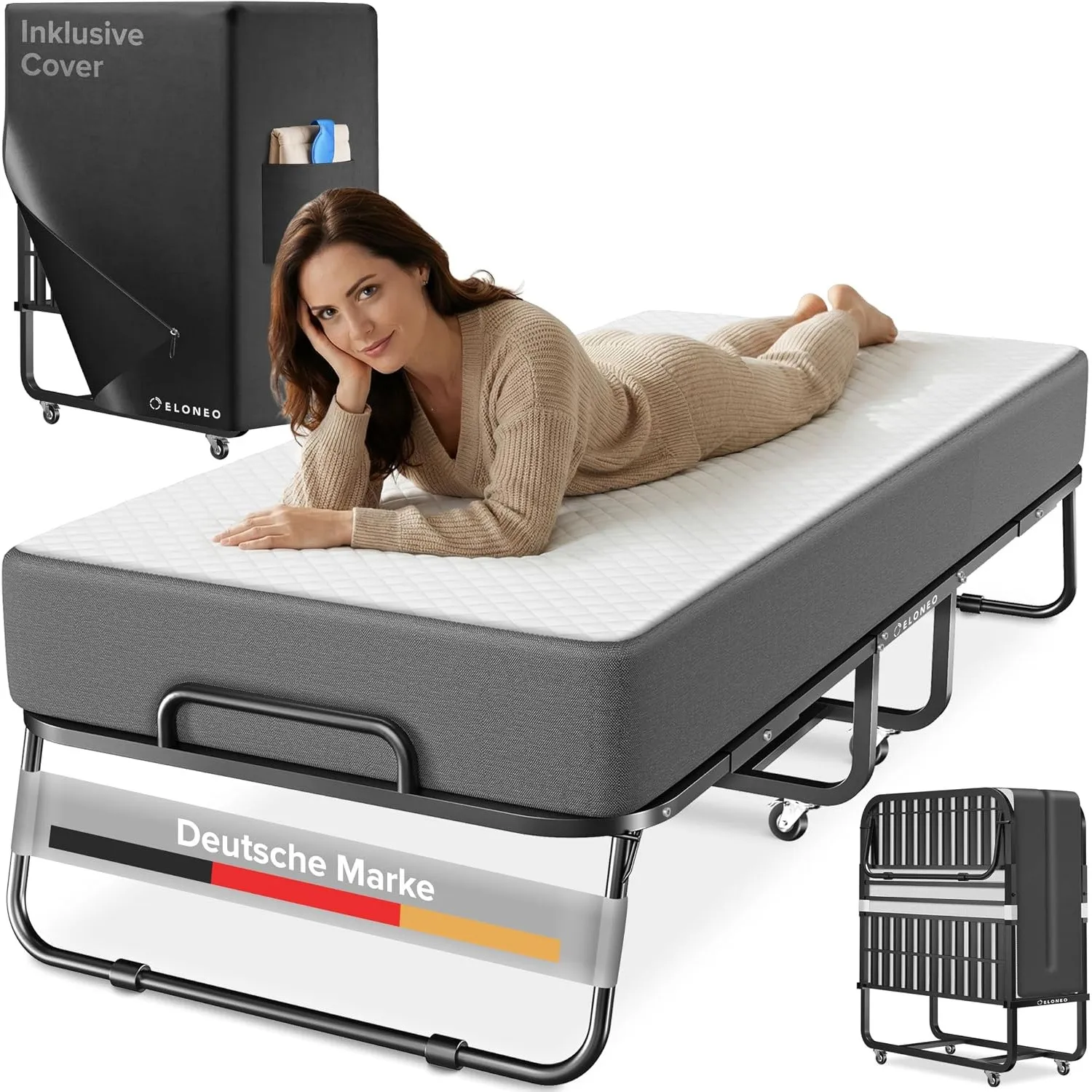 ELONEO Klappbett 80x200 cm inkl. Premium Matratze | Gästebett klappbar, belastbar bis 250kg | faltbares Reisebett mit M…