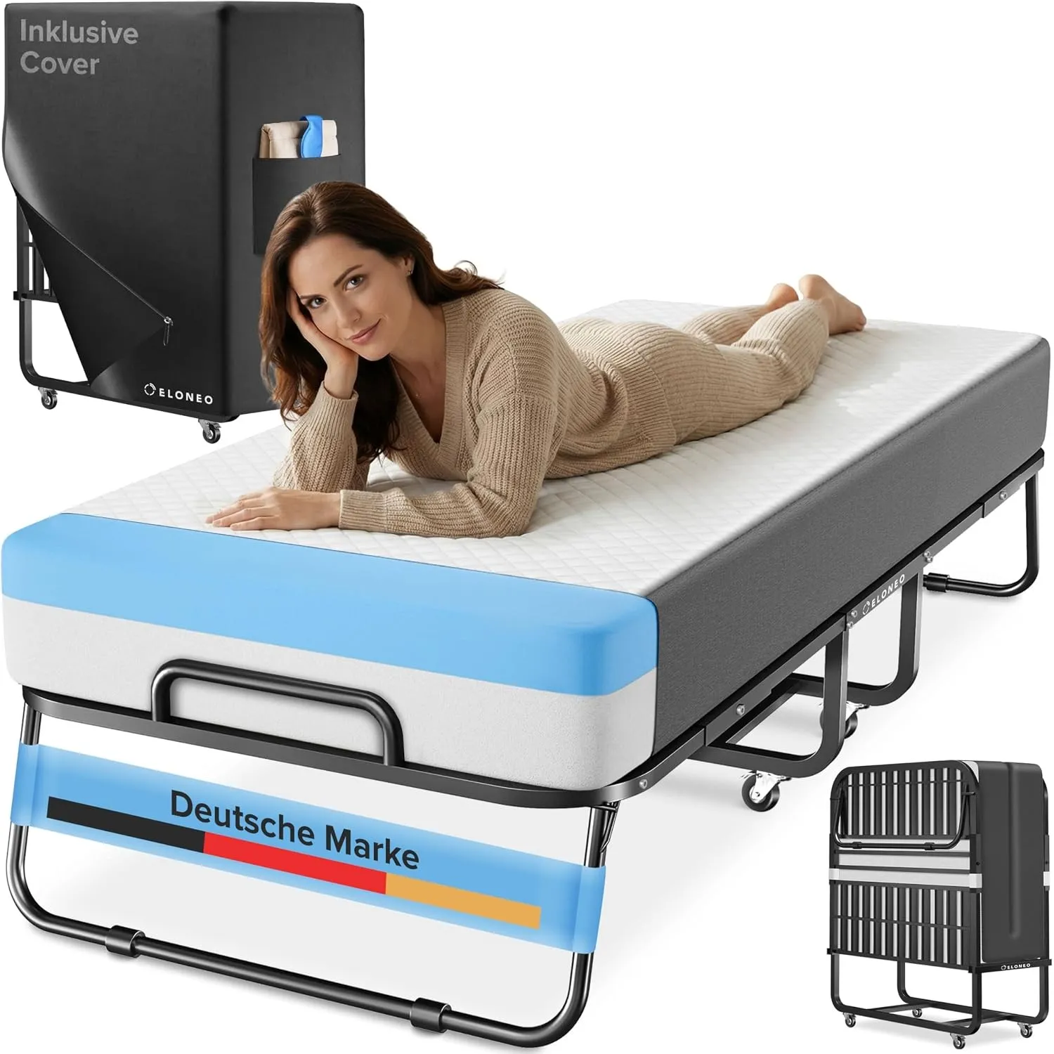 ELONEO Klappbett 90x200 cm inkl. Premium Matratze aus Memory-Schaum | Gästebett klappbar, belastbar bis 250kg | faltbar…