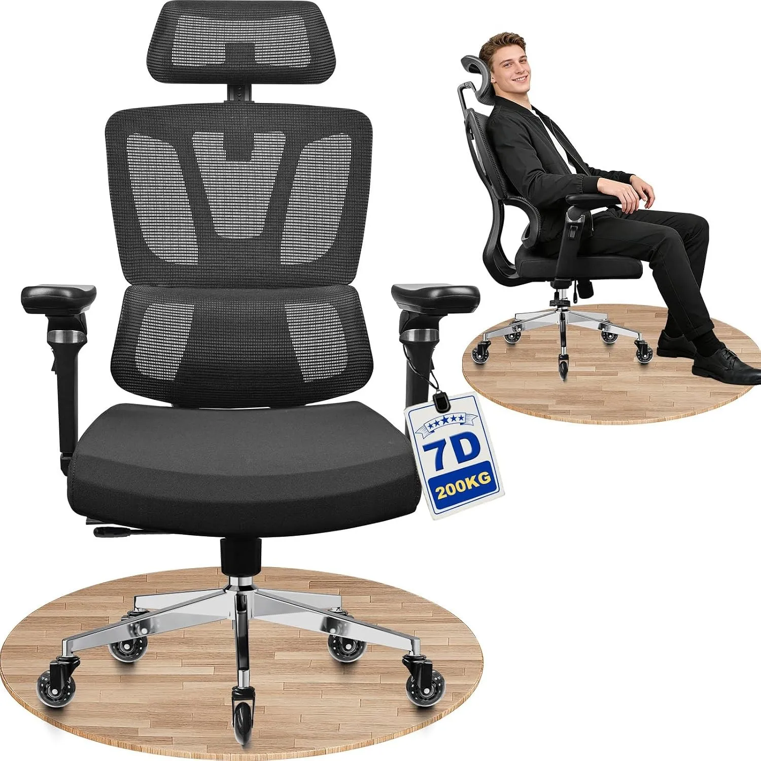 MELOKEA Bürostuhl Ergonomisch, 7D-Armlehnen, Verstellbare Sitztiefe, 4-Stufen Neigung, 3D-Kopfstütze, Gummirollen, Ergo…