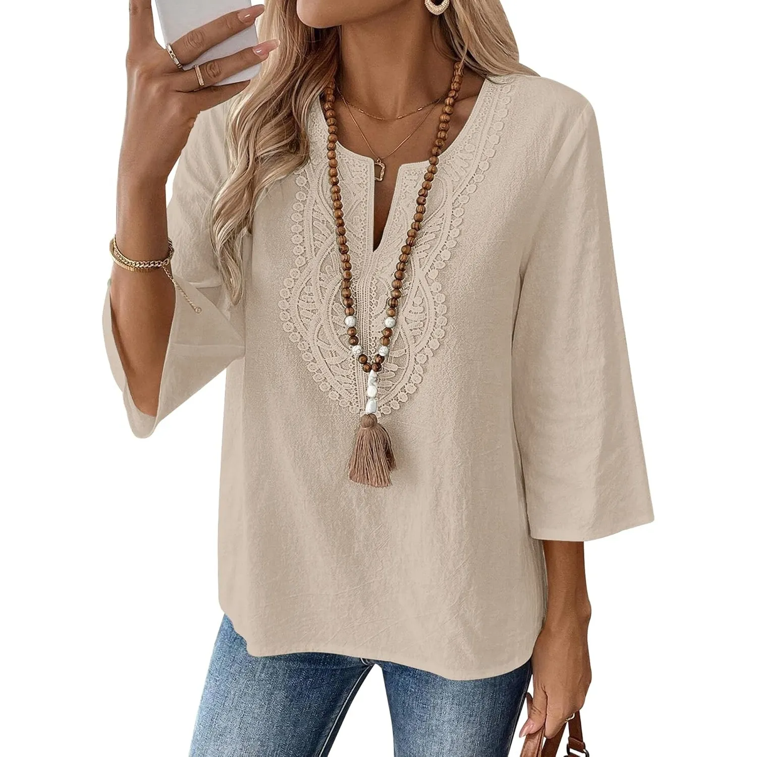 Rapbin Bluse Damen 3/4 Arm Elegant Oberteile V Ausschnitt Baumwolle Spitze Tops Shirt Casual Loose Fit Tunika