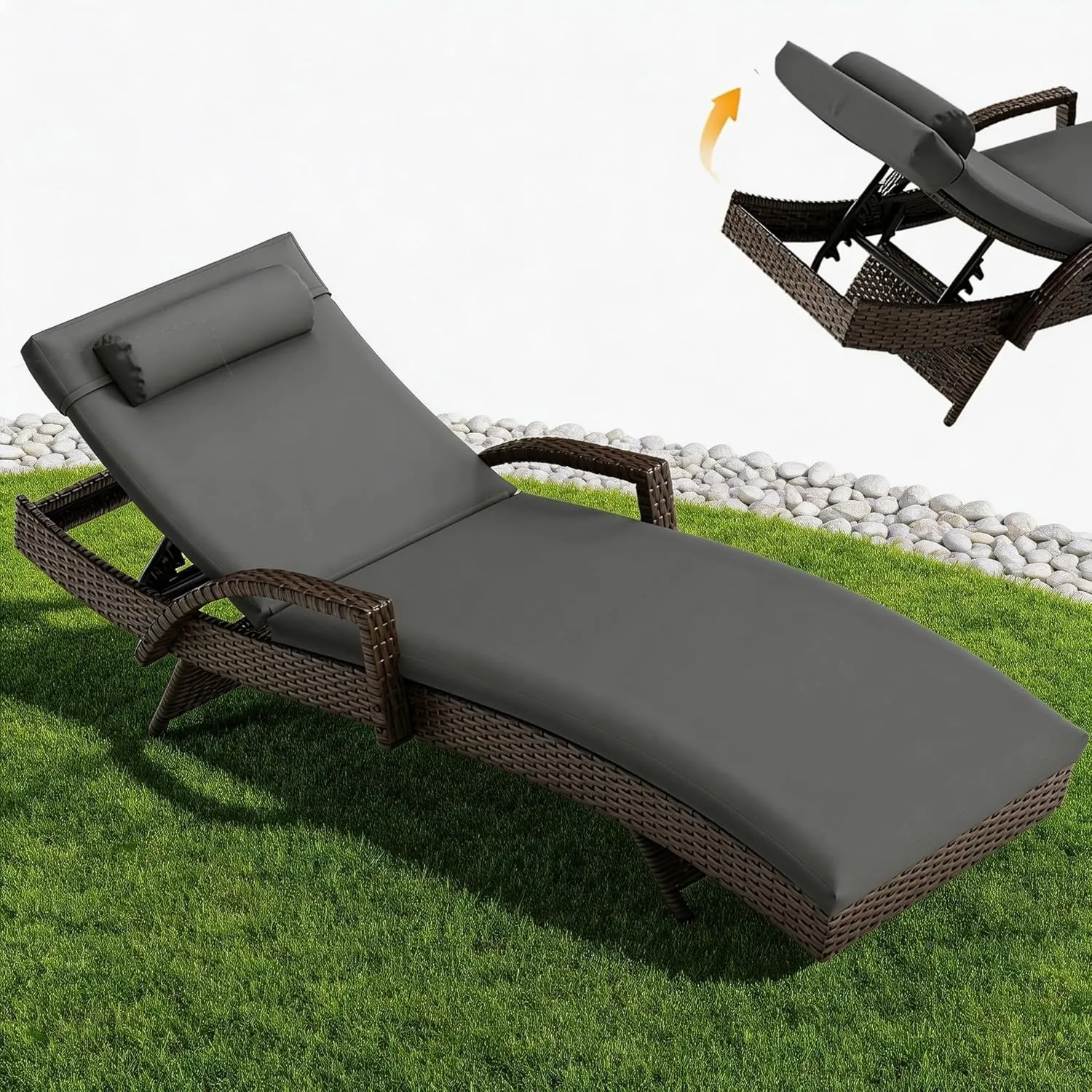 UDPATIO Polyrattan Sonnenliege, 5-Fach Verstellbarer Rückenlehne Gartenliege, Wetterfest Rattanliege mit Polsterauflage…