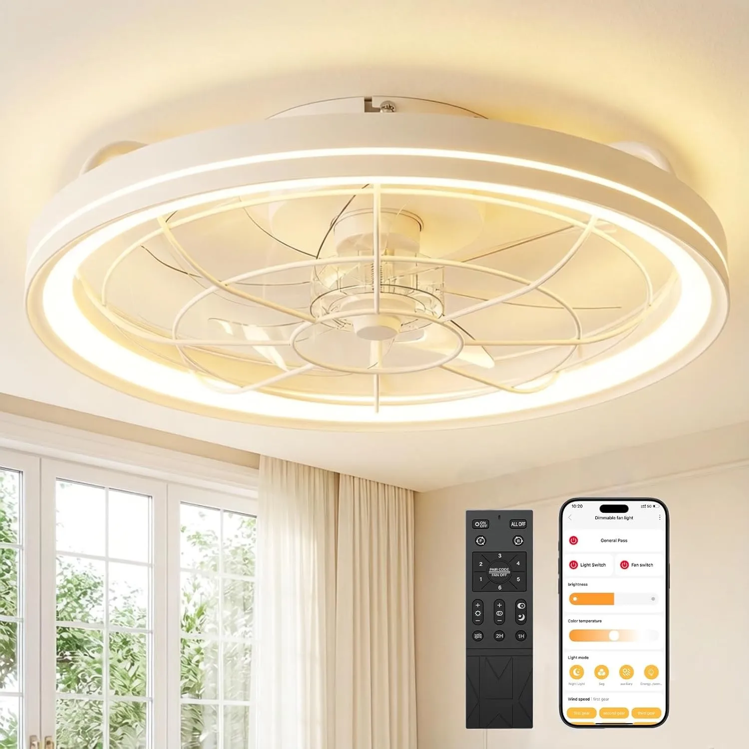 Deckenventilator mit Beleuchtung, Dimmbare Deckenleuchte mit Ventilator Leise, Ø48cm, 6 Stufen, 3000-6500K, Fernbedienu…
