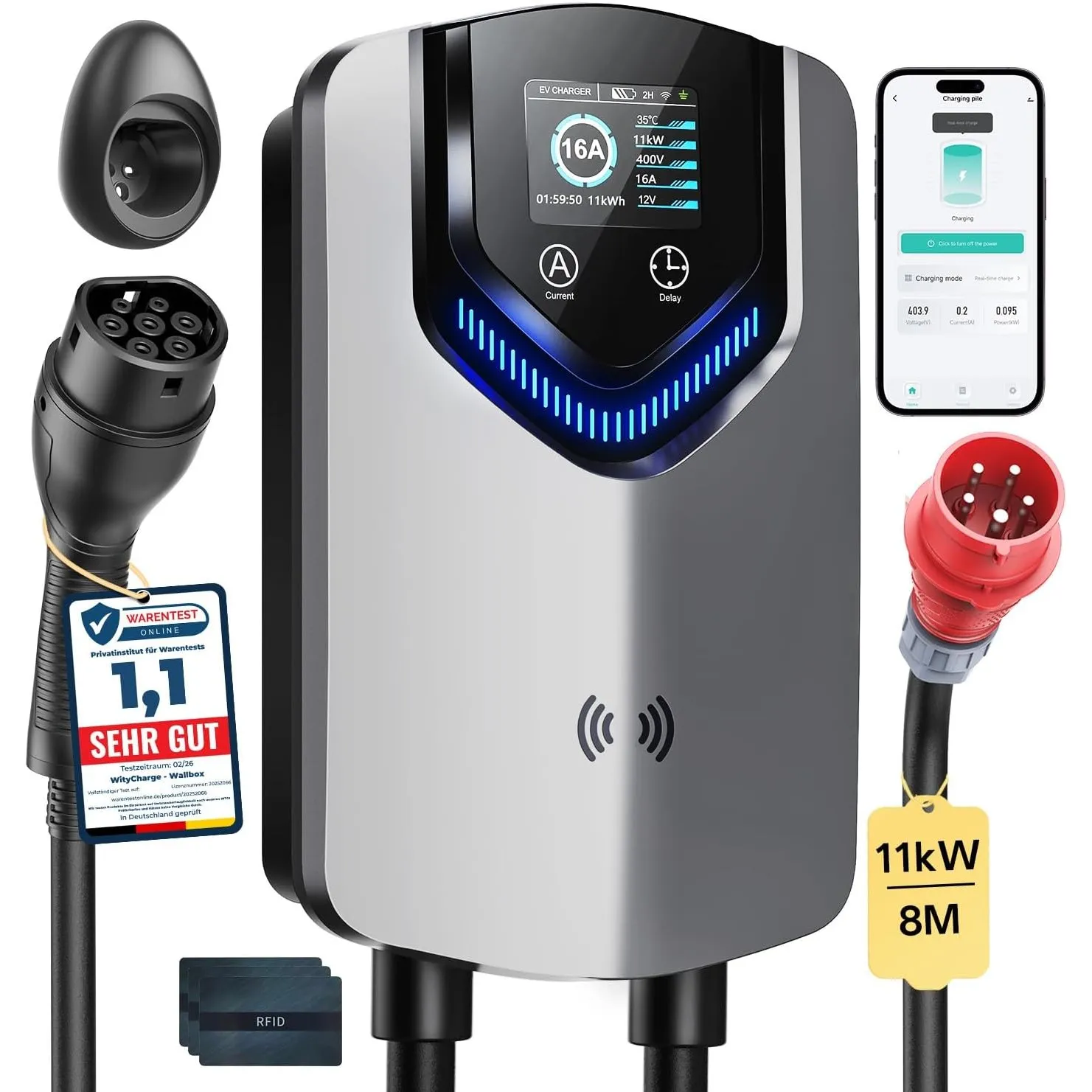 Wallbox 11kW mit APP & RFID – 3 Phasiges 400V Typ 2 EV-Ladegerät