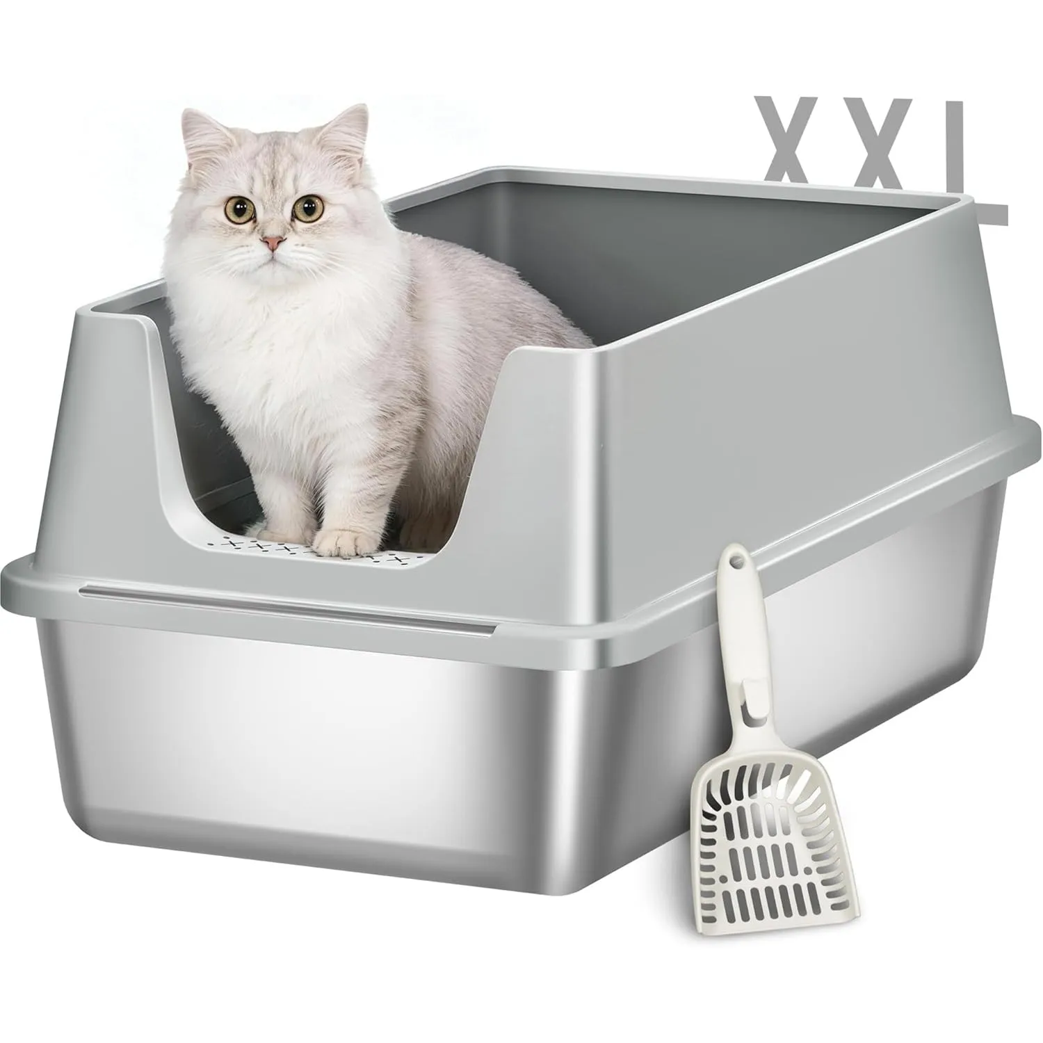 Katzenklo Edelstahl, XXL Hoher Rand Katzentoilette, Hellgrau