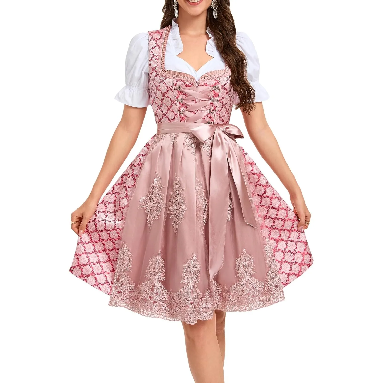 YesFashion Midi Dirndl Damen Trachtenrock Inkl. Dirndl Dirndlschürze Dirndlbluse Rosa Spitzenschürze Gr.34-52
