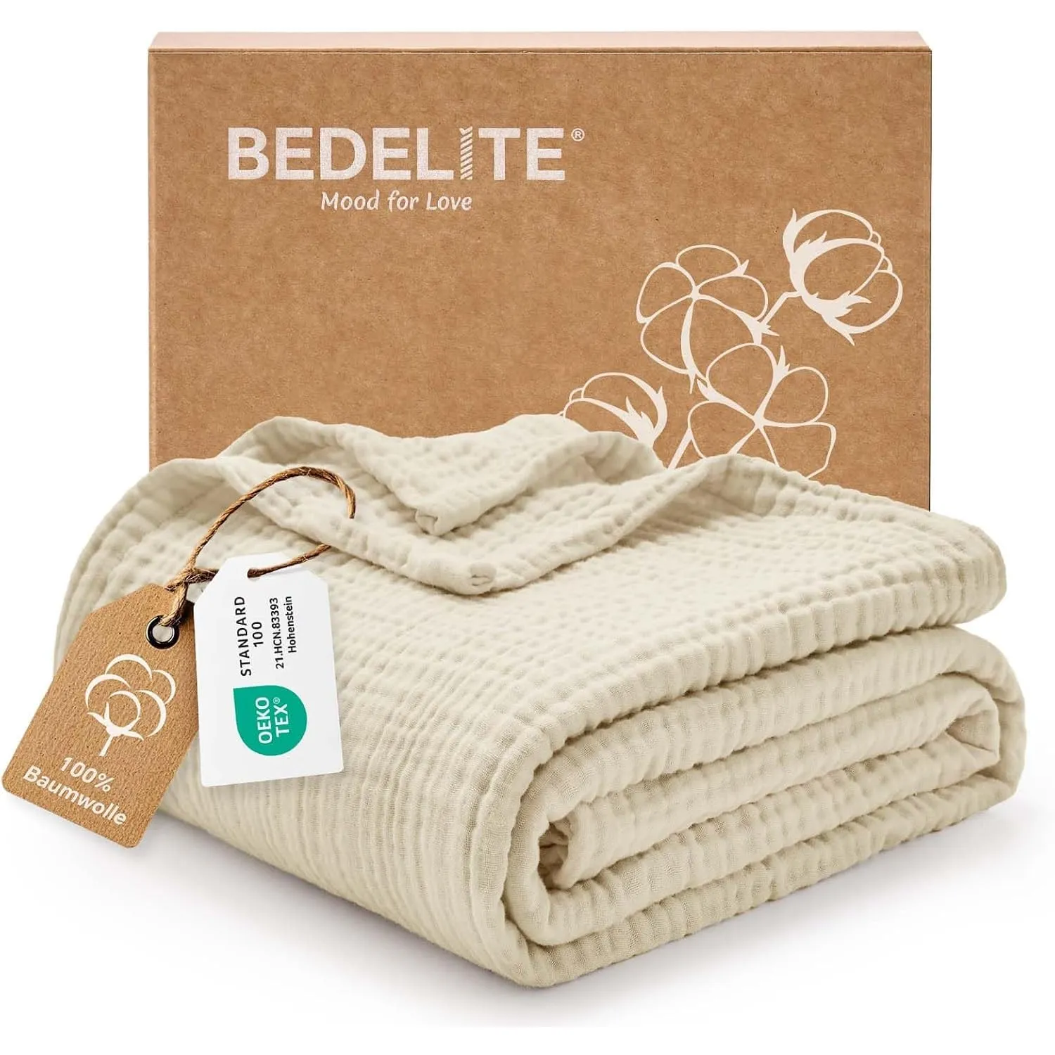 BEDELITE Musselin Decke 127x177cm Erwachsene Tagesdecke Baumwolle, Beige | weiche & atmungsaktive 4-lagige Musselindeck…