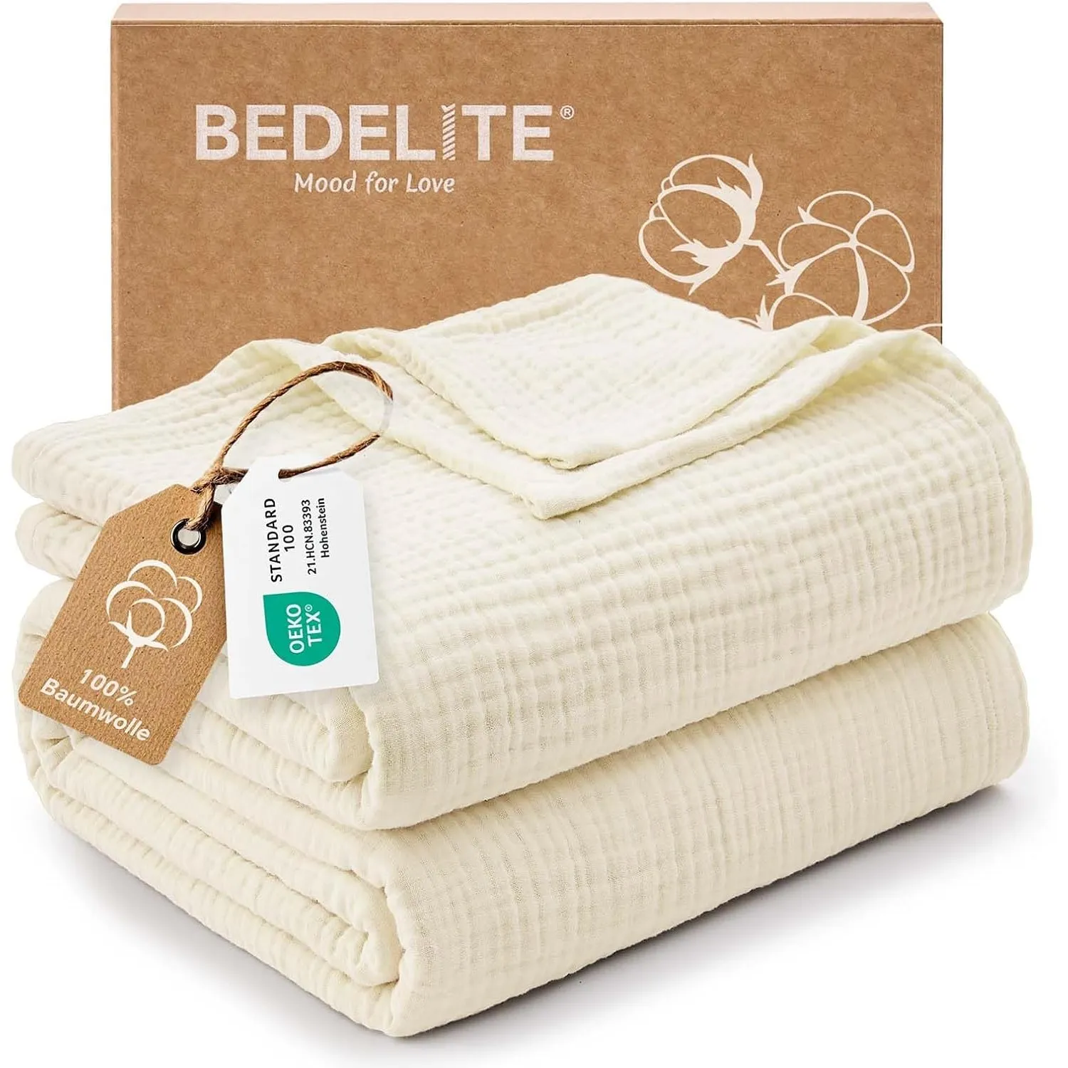 BEDELITE Musselin Decke 230x230cm Erwachsene Tagesdecke Baumwolle, Creme | weiche & atmungsaktive 4-lagige Musselindeck…