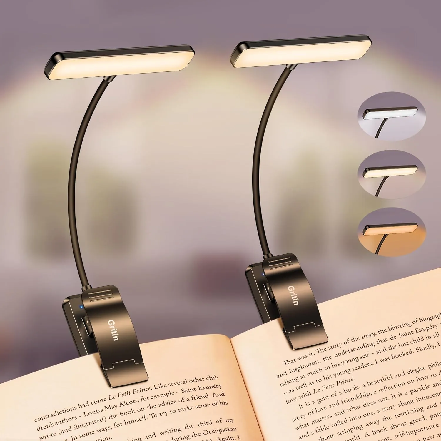 Gritin Leselampe Buch Klemme, USB Aufladbare Buchlampe mit 19 LEDs- 2 Stück