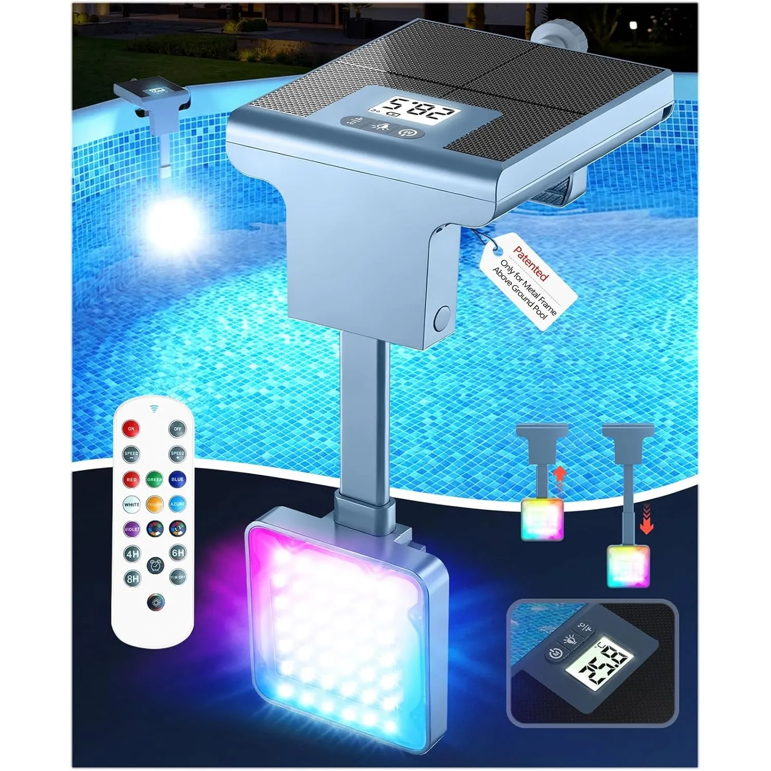 DeeprBlu 2-in-1 Poolbeleuchtung Solar für Metallrahmen-Aufstellpool, Digitales Poolthermometer mit Hintergrundbeleuchtu…