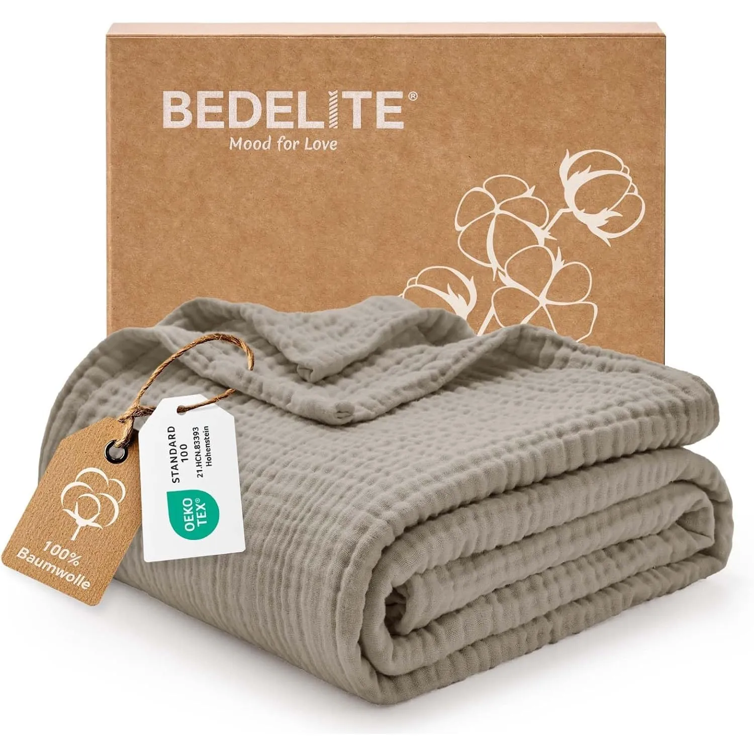 BEDELITE Musselin Decke 127x177cm Erwachsene Tagesdecke Baumwolle, Taupe | weiche & atmungsaktive 4-lagige Musselindeck…