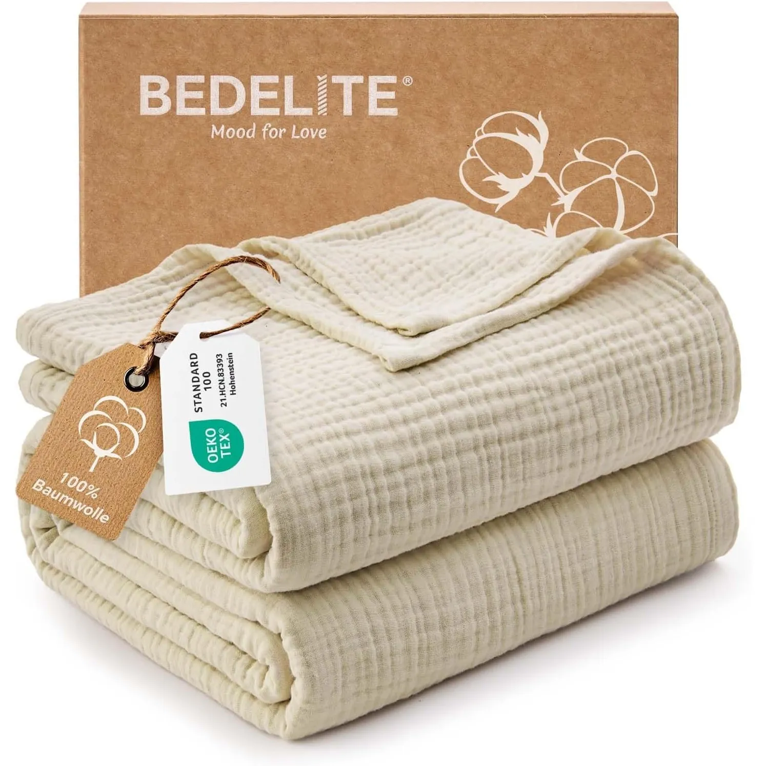 BEDELITE Musselin Decke 230x230cm Erwachsene Tagesdecke Baumwolle, Beige | weiche & atmungsaktive 4-lagige Musselindeck…