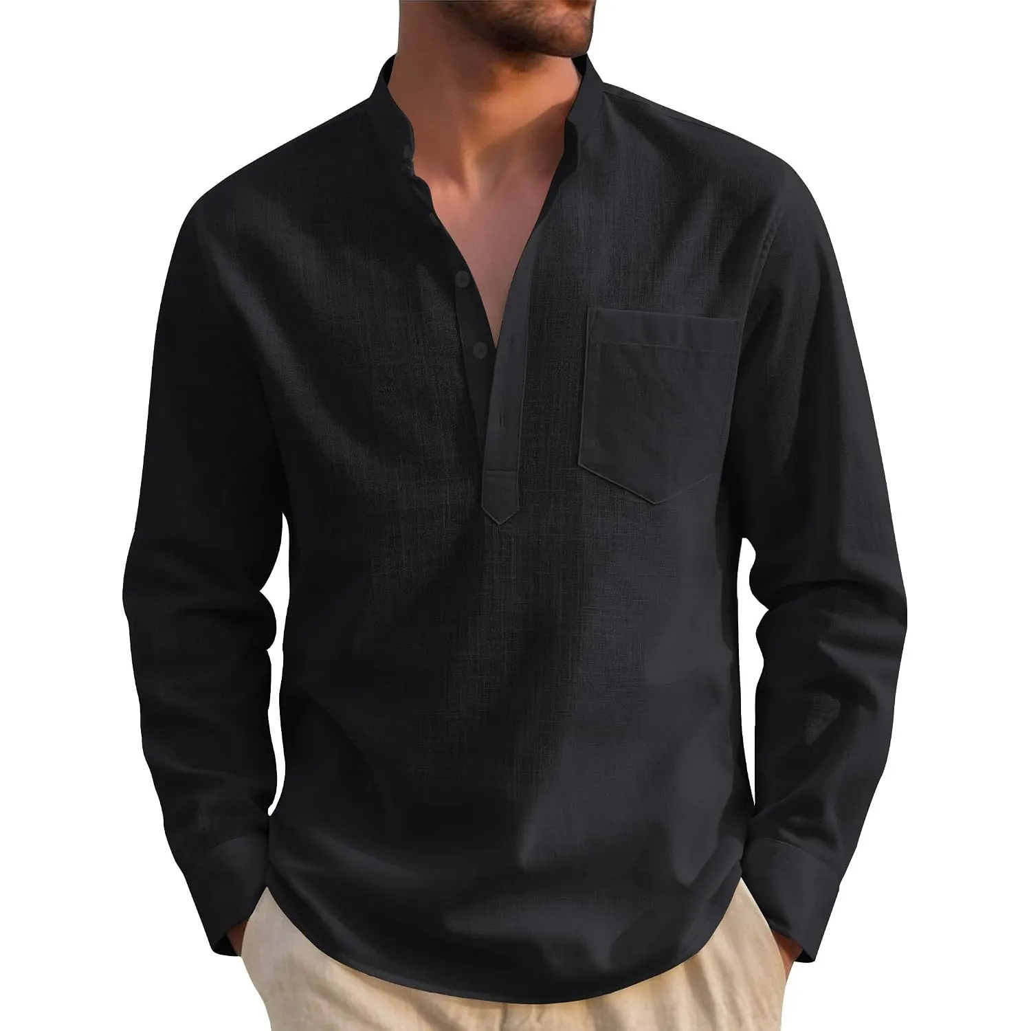 J.VER Leinenhemd Herren Langarm Baumwolle Henley Regular Fit Freizeithemd