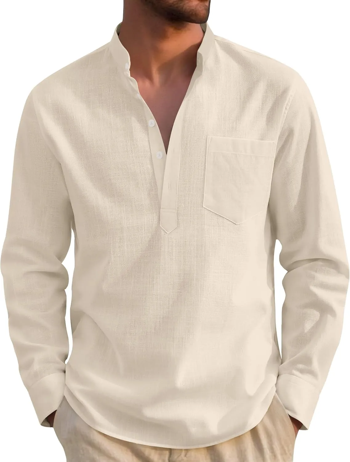 J.VER Men's Cotton Linen Shirt Henley Shirt Long Sleeve in Regular Fit Breathable Casual Shirt with Pocket for Summer a…