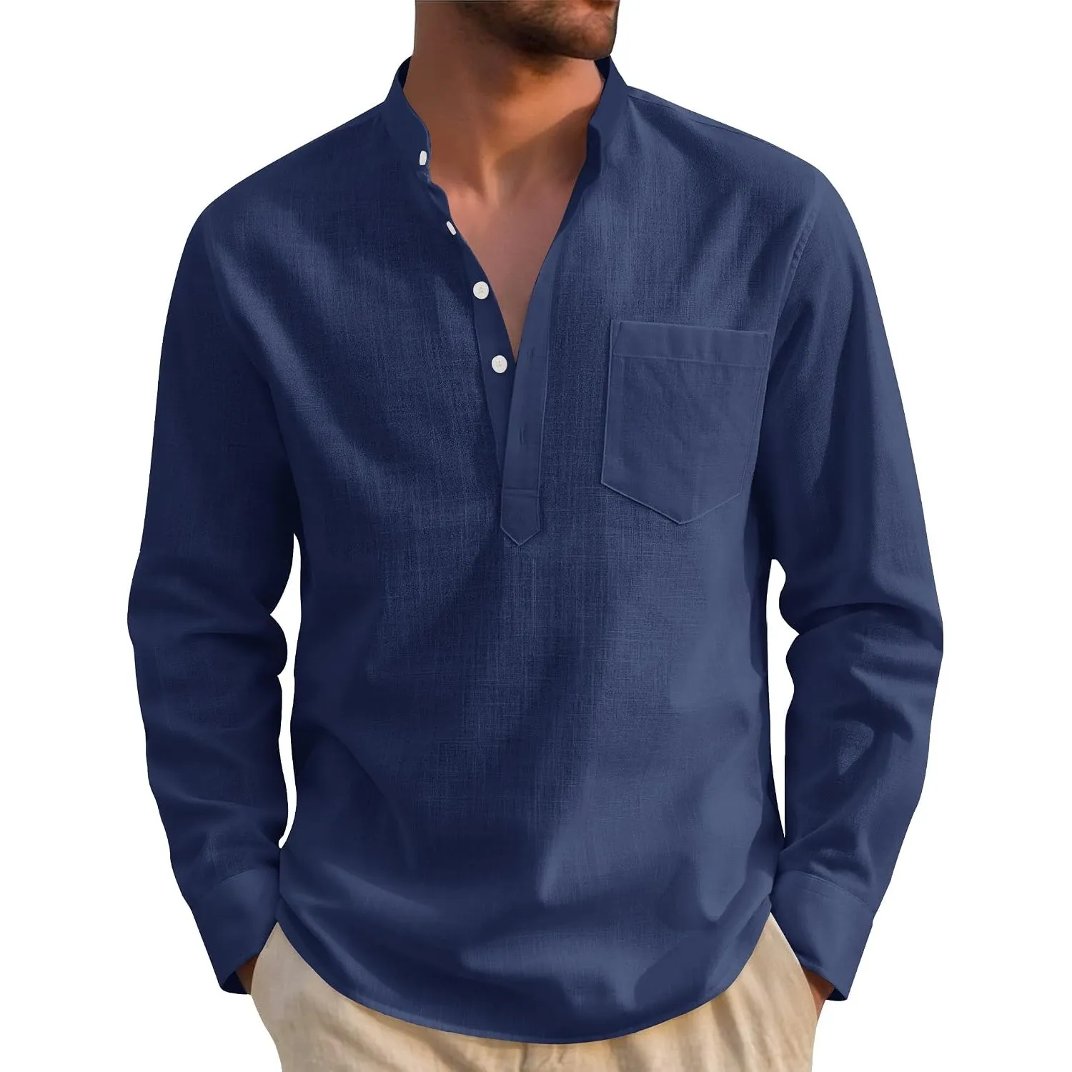 J.VER Leinenhemd Herren Langarm Baumwolle Henley Regular Fit Freizeithemd