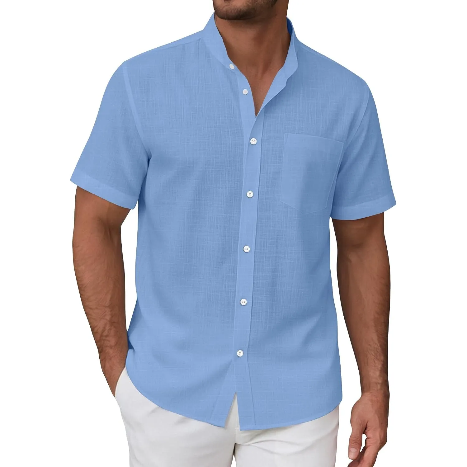 siliteelon Leinenhemd Herren Kurzarm Stehkragen Sommerhemd Freizeithemd Regular Fit Kragenloses Leinenshirt Standhemd