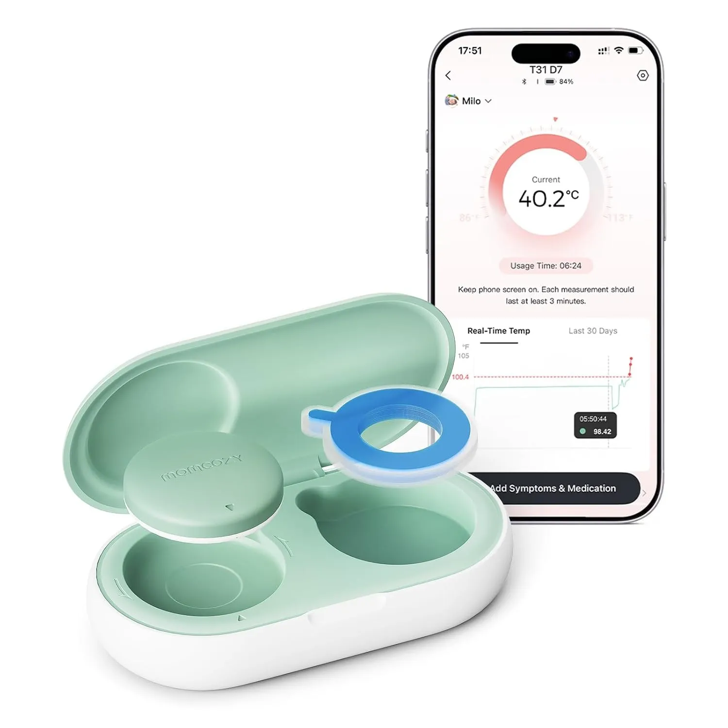 Momcozy Fieberthermometer Baby, Digitales Smartes Baby Thermometer mit App, ±0.1°C Präzision, Kontinuierliche Überwachu…