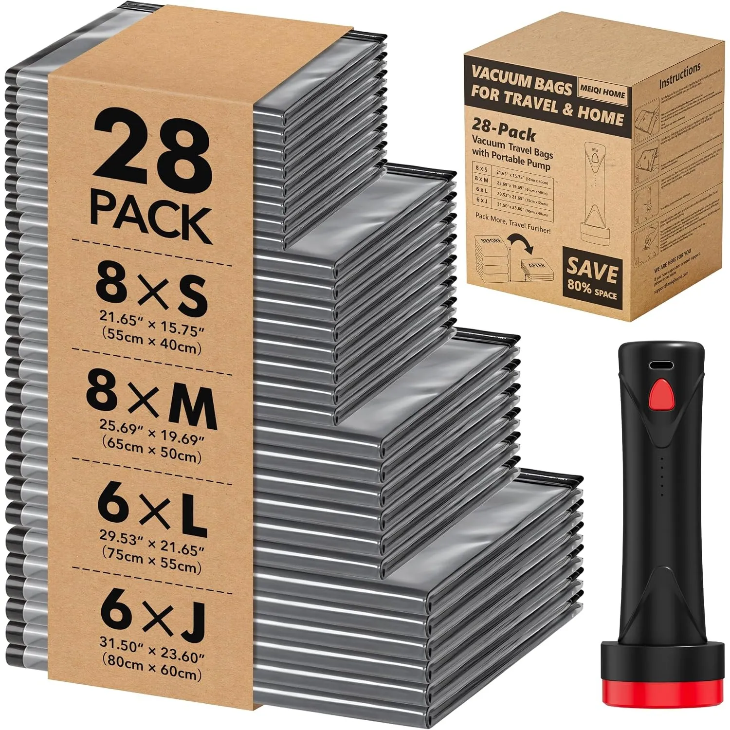 MEIQIHOME 28 Stück PackEase Reise-Vakuumbeutel mit 1500-mAh-Funkpumpe, 80% Platzersparnis für Gepäck, transparente wied…