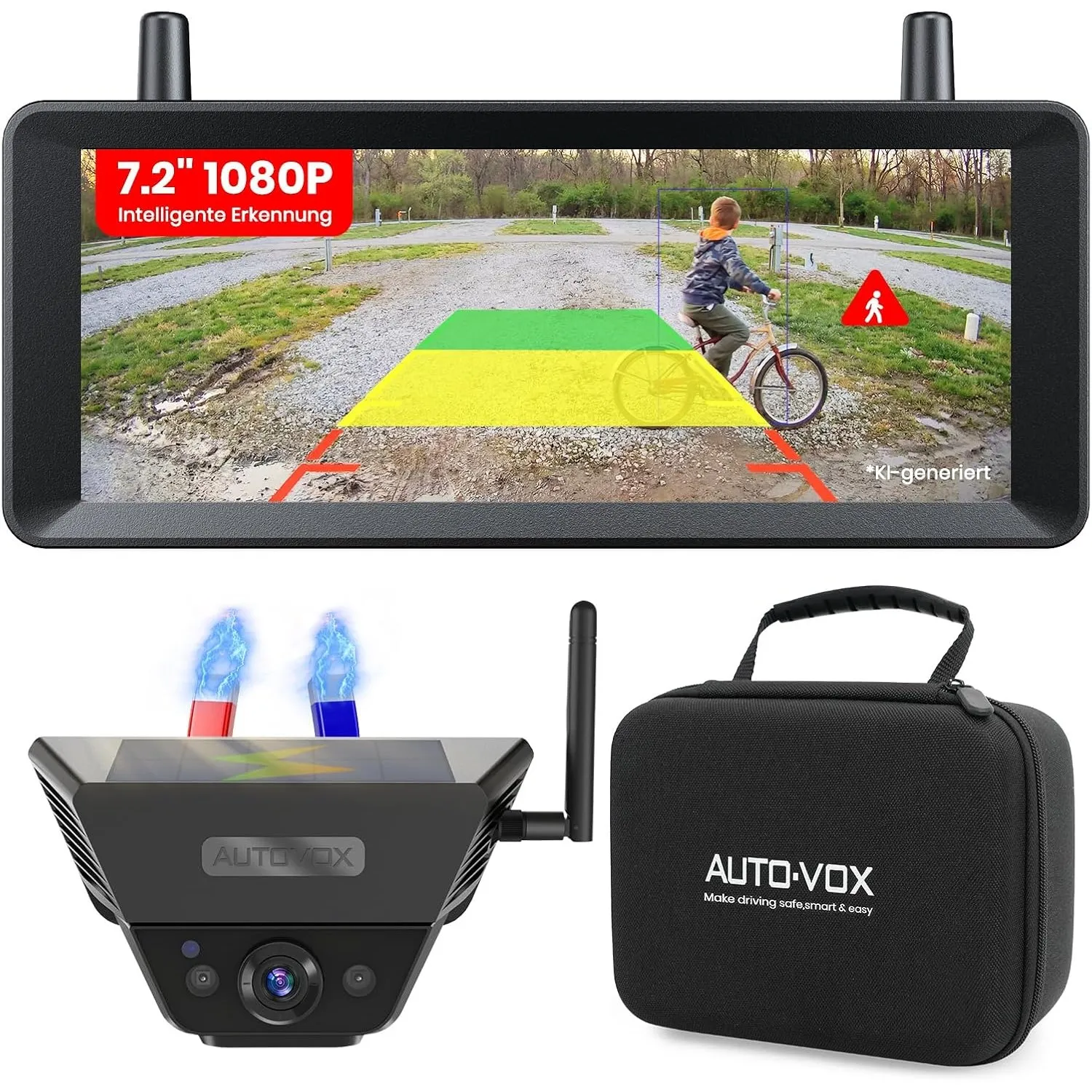 AUTO-VOX Rückfahrkamera Kabellos Solar mit KI-Warnungen:1-Min Magnetmontage