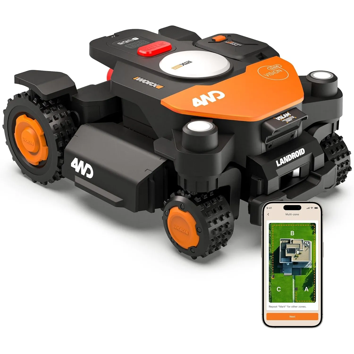 Worx Landroid Vision Cloud WR341E 4WD Mähroboter mit Garage, 1000 m²
