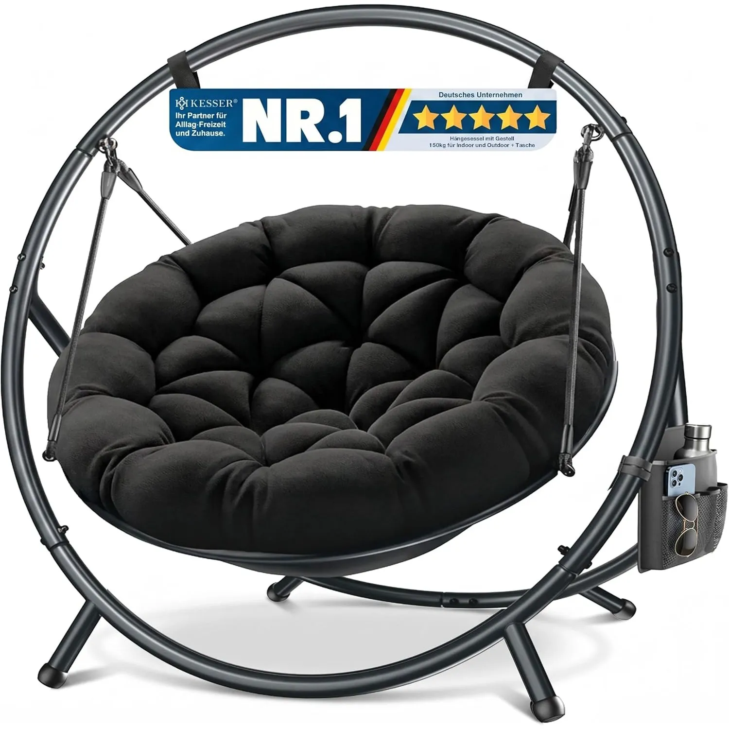 KESSER® Hängesessel mit Gestell Bali Hängeschaukel Hängestuhl bis 150kg für Indoor und Outdoor + Kissen & Seitentasche …