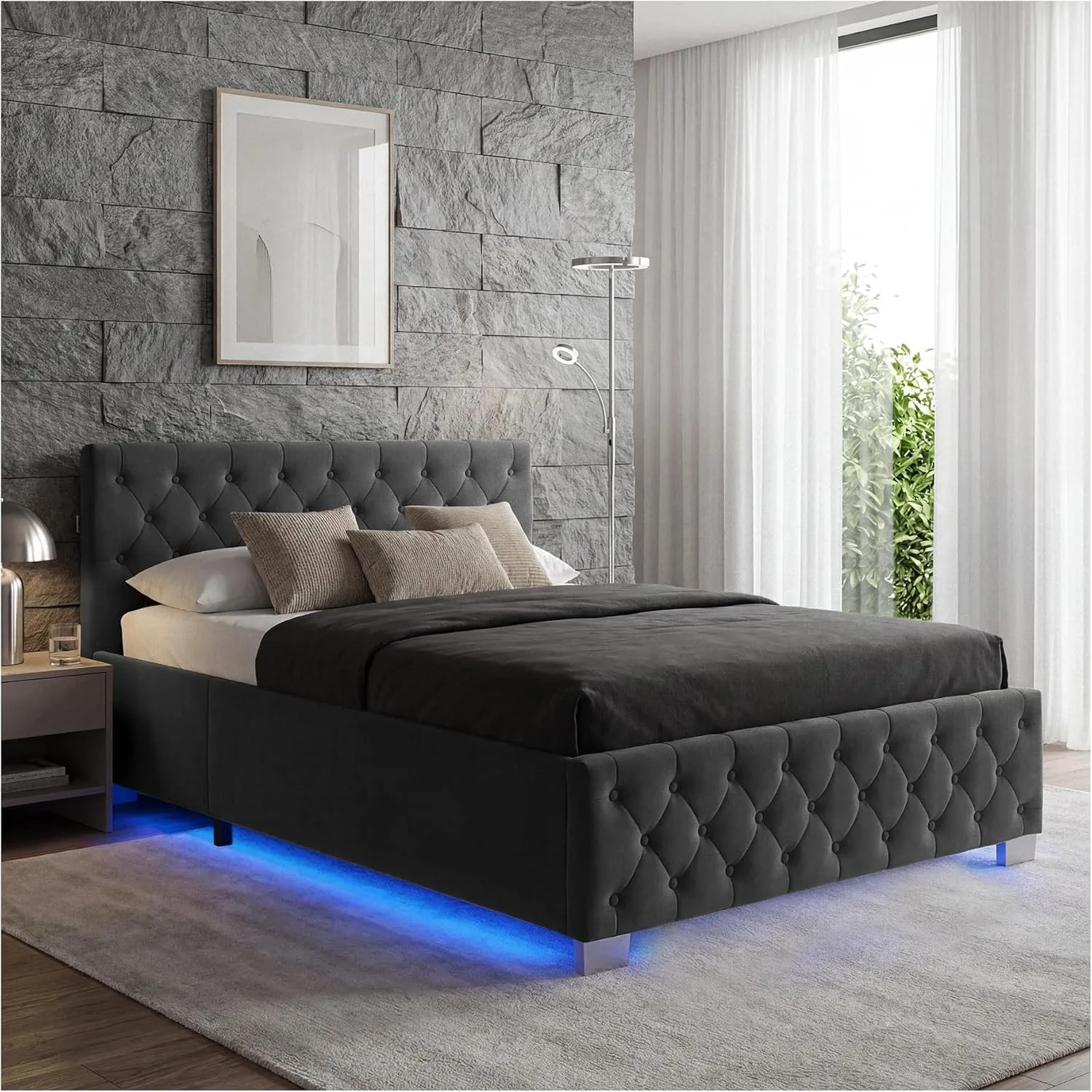 tectake® Polsterbett, 140x200cm, mit LED-Beleuchtung, Bettkasten, Chesterfield, 250kg Belastbarkeit, Gasdruckfeder, Lat…