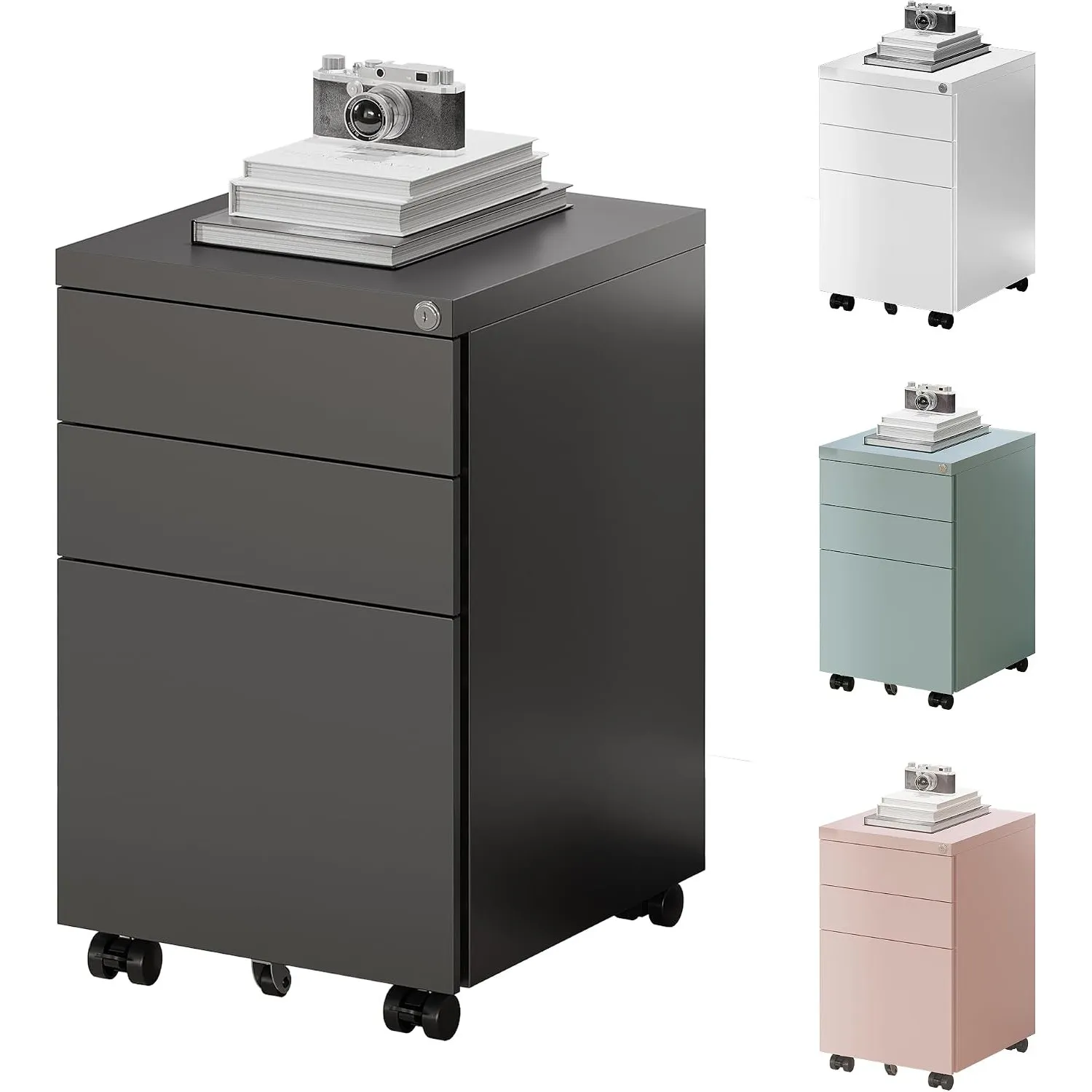 FlexiSpot Rollcontainer mit 3 Schubladen, mobiler Aktenschrank mit Rollen, Schubladenschrank Büroschrank Schreibtisch U…