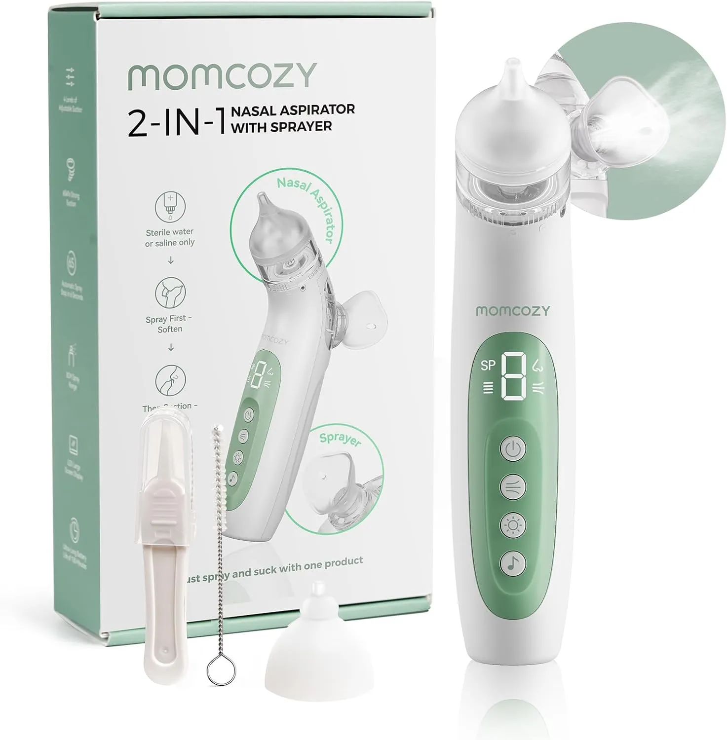 Momcozy BN007 BreezyClear Nasensauger Baby elektrisch, 2-in-1 mit Sprühfunktion, 65 kPa Saugkraft, 4 Stufen, leise & tr…