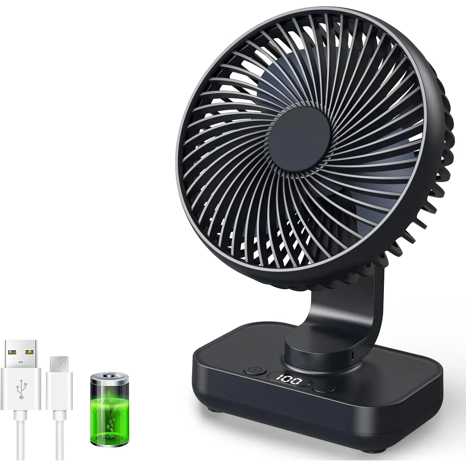 Tischventilator Automatisch Oszillierend, Leise 30 dB, Sanfter Luftstrom, 4500mAh Akku, USB-C, LED Display, Abnehmbar, …