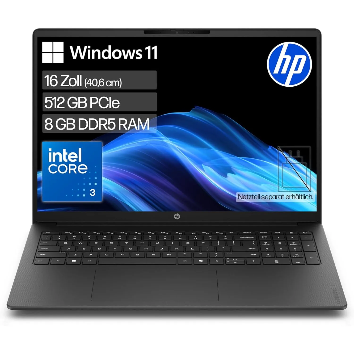 HP OmniBook 3 Laptop (16" 2K Display, Intel Core 3, 8GB RAM, 512GB, Win11, QWERTZ) - Schwarz