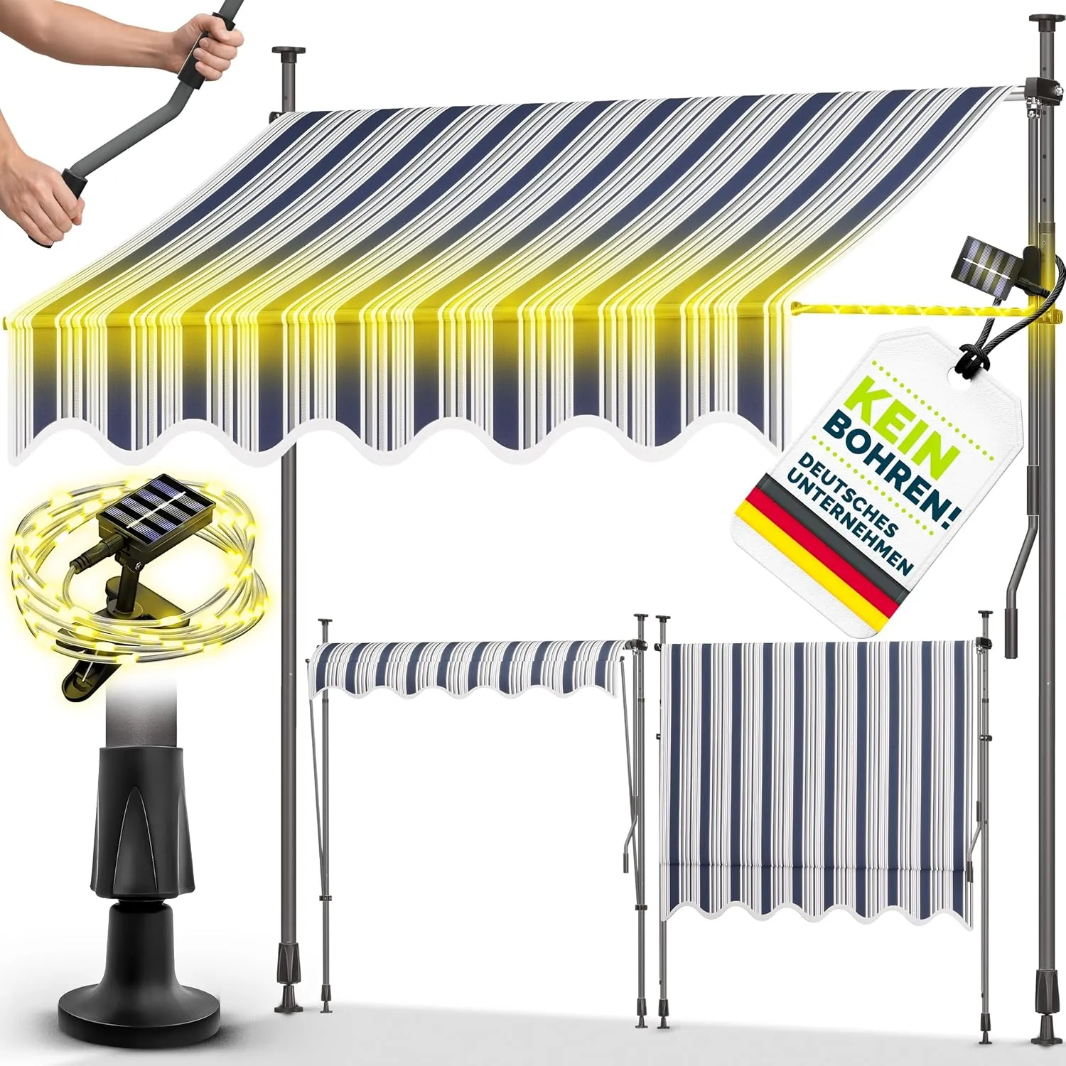 tillvex Klemmmarkise mit Handkurbel & LED Lichterkette Balkon | Balkonmarkise ohne Bohren | Markise UV-beständig & höhe…