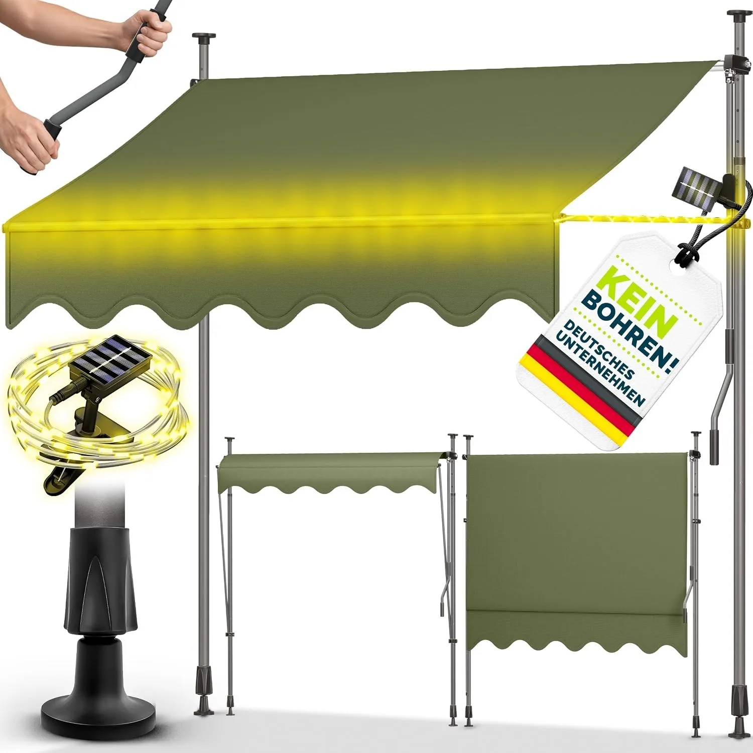 tillvex Klemmmarkise 200cm mit Handkurbel & LED Lichterkette Balkonmarkise