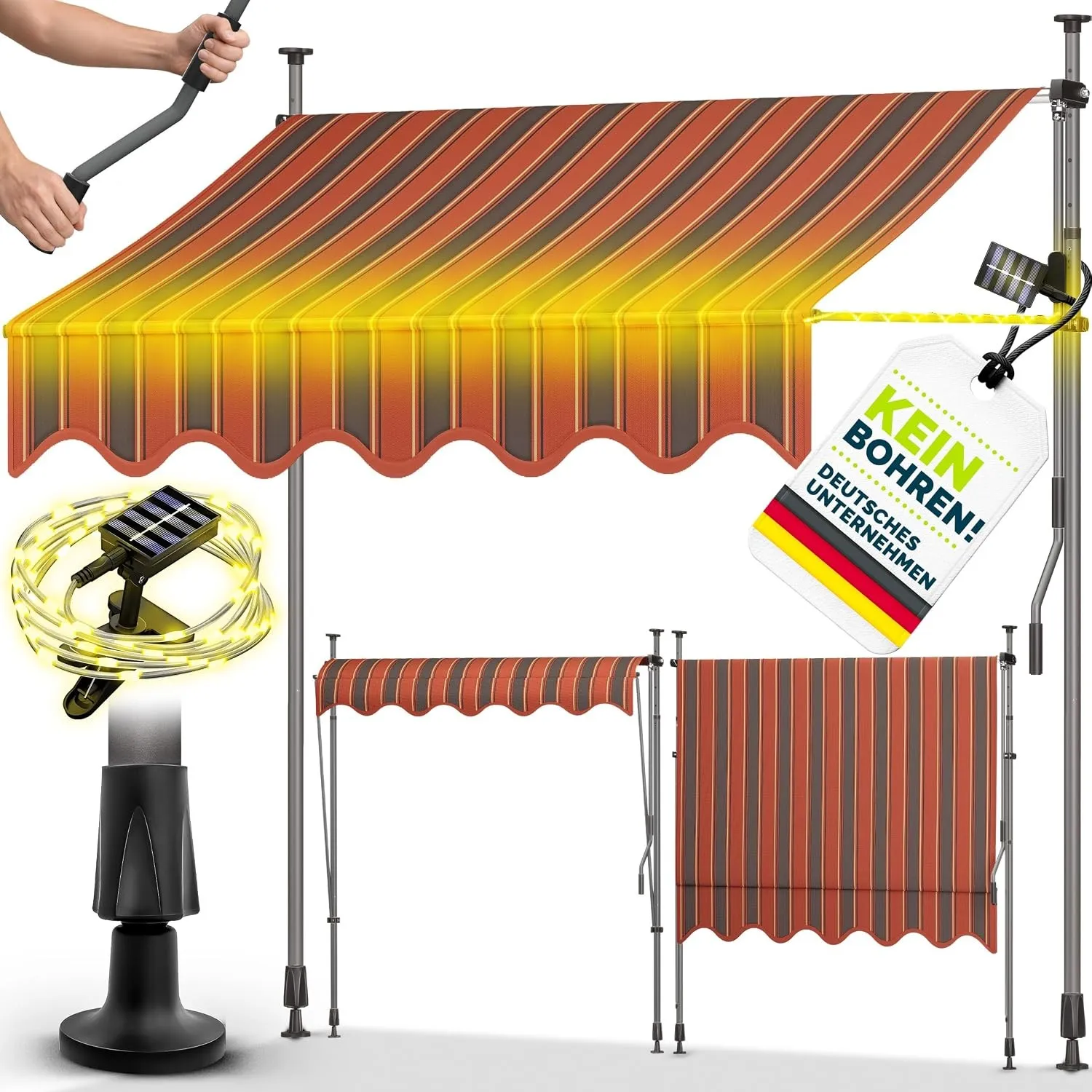 tillvex Klemmmarkise 400cm mit Handkurbel & LED Lichterkette Balkonmarkise | Markise Balkon UV-beständig, wasserdicht &…