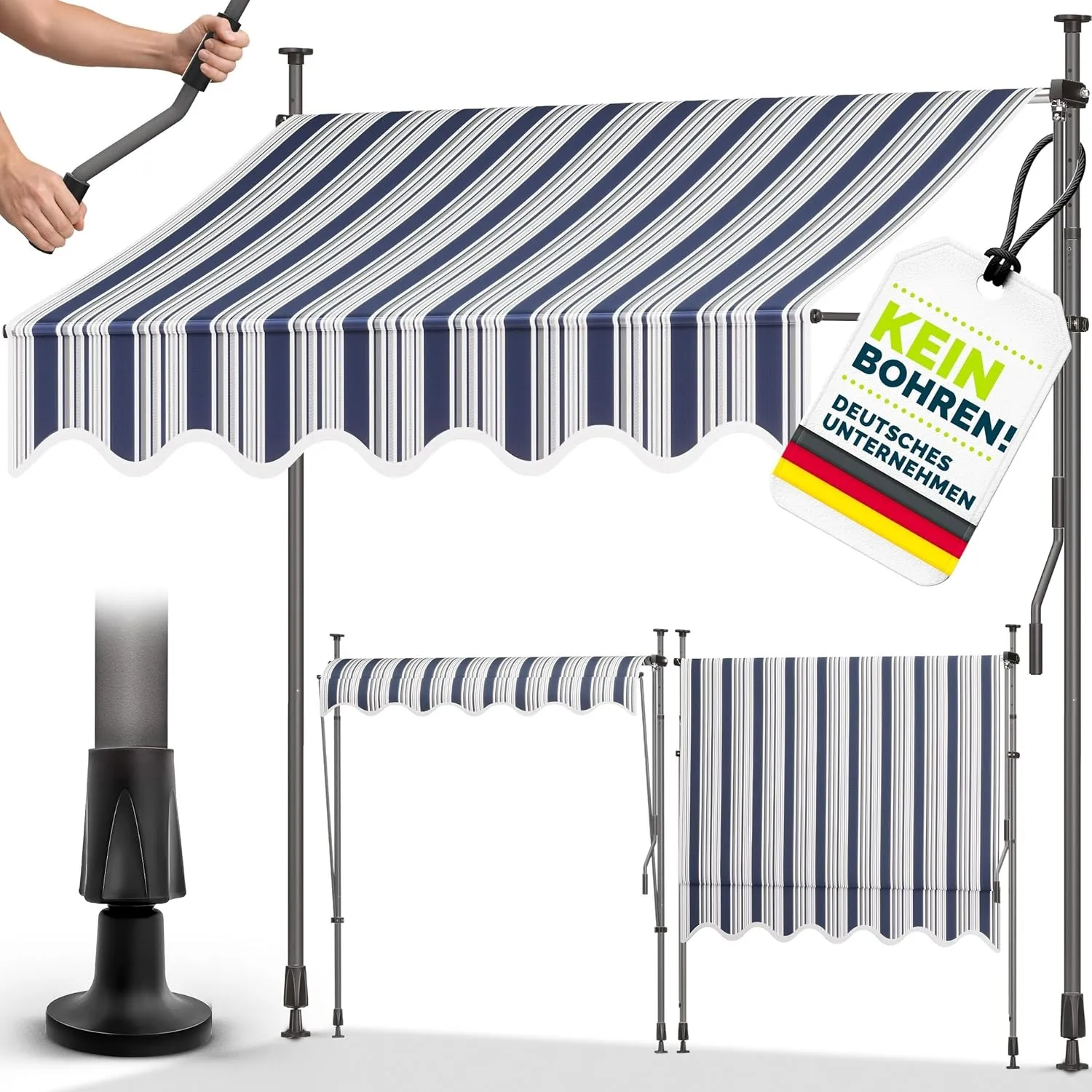 tillvex Klemmmarkise 350cm breit mit Handkurbel | Balkonmarkise ohne Bohren | Markise Balkon UV-beständig, wasserdicht …