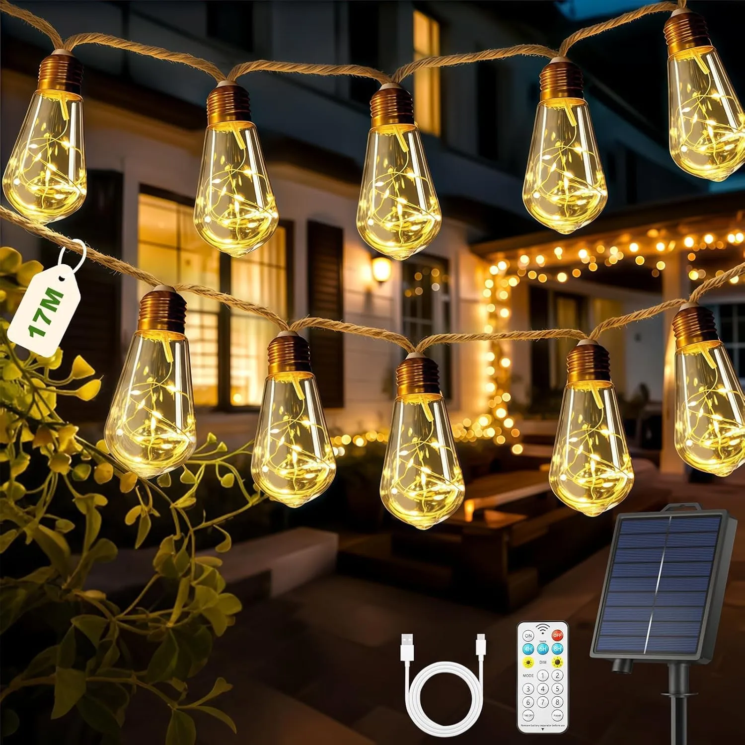 Solar Lichterkette Aussen Mit 30 S17 Glühbirnen, 17M Lichterkette Außen Wetterfest Warmweiß 8 Modi Memory-Funktion Time…