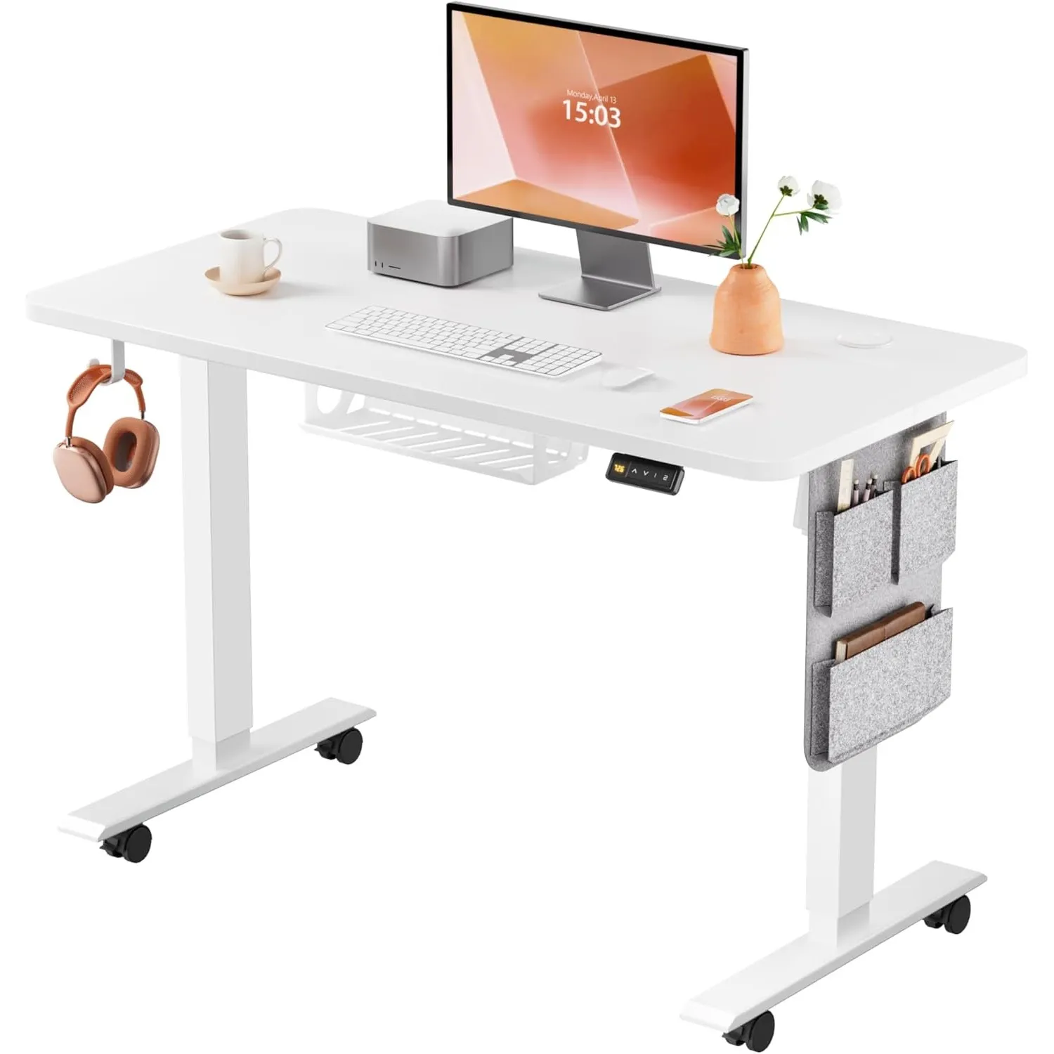 MAIDeSITe Elektrischer höhenverstellbarer Schreibtisch, 100 × 60 cm Sitz-Steh-Schreibtisch mit Kabelwanne, Haken und Au…