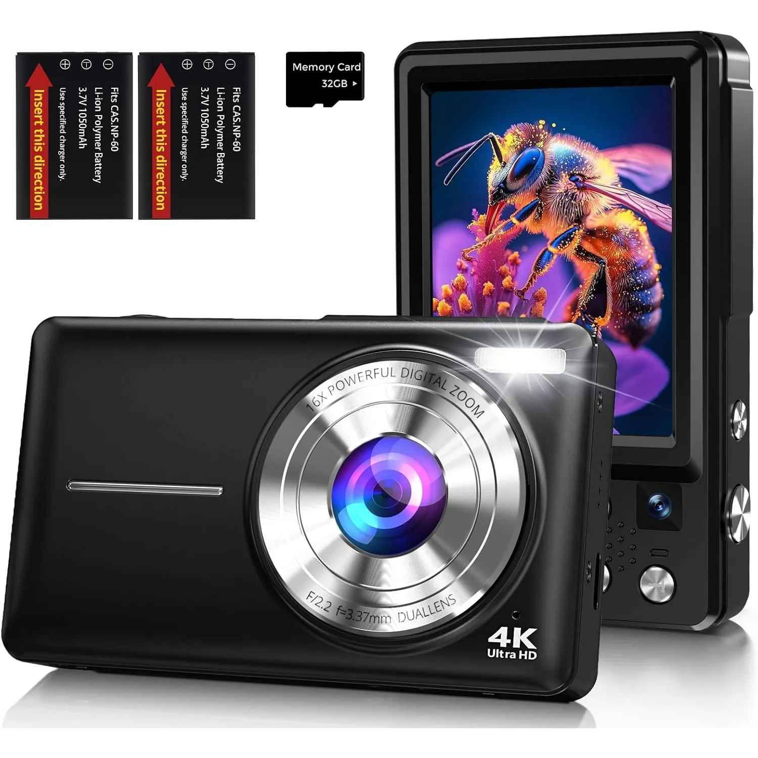 Digitalkamera Kamera Fotokamera 4K 64MP mit Autofokus, Dual-Objektiv, 2,8-Zoll Bildschirm, 16X Digitalzoom, Zwei Akkus,…