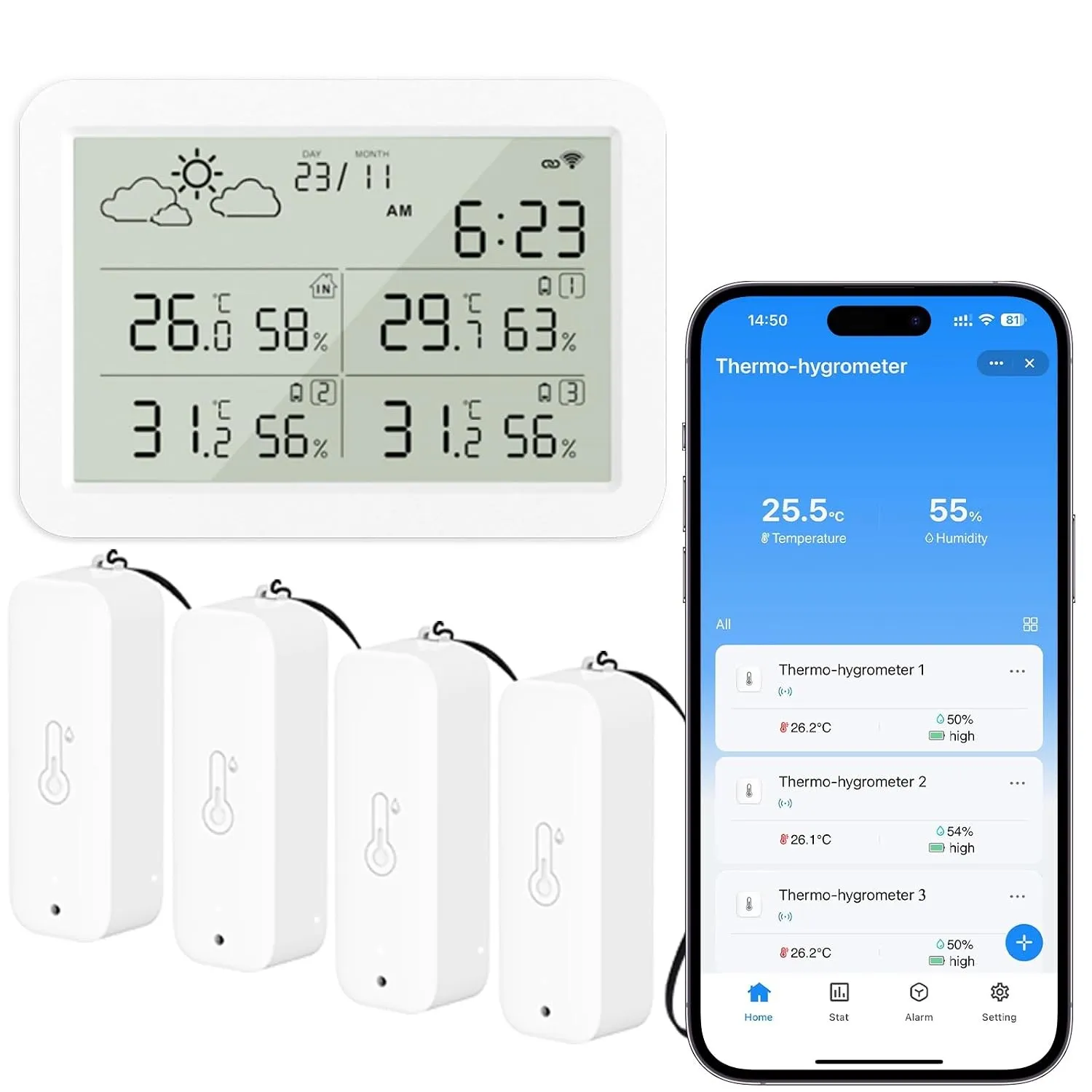 WLAN Hygrometer Thermometer Innen mit LCD-Display 4‑Teile‑Set