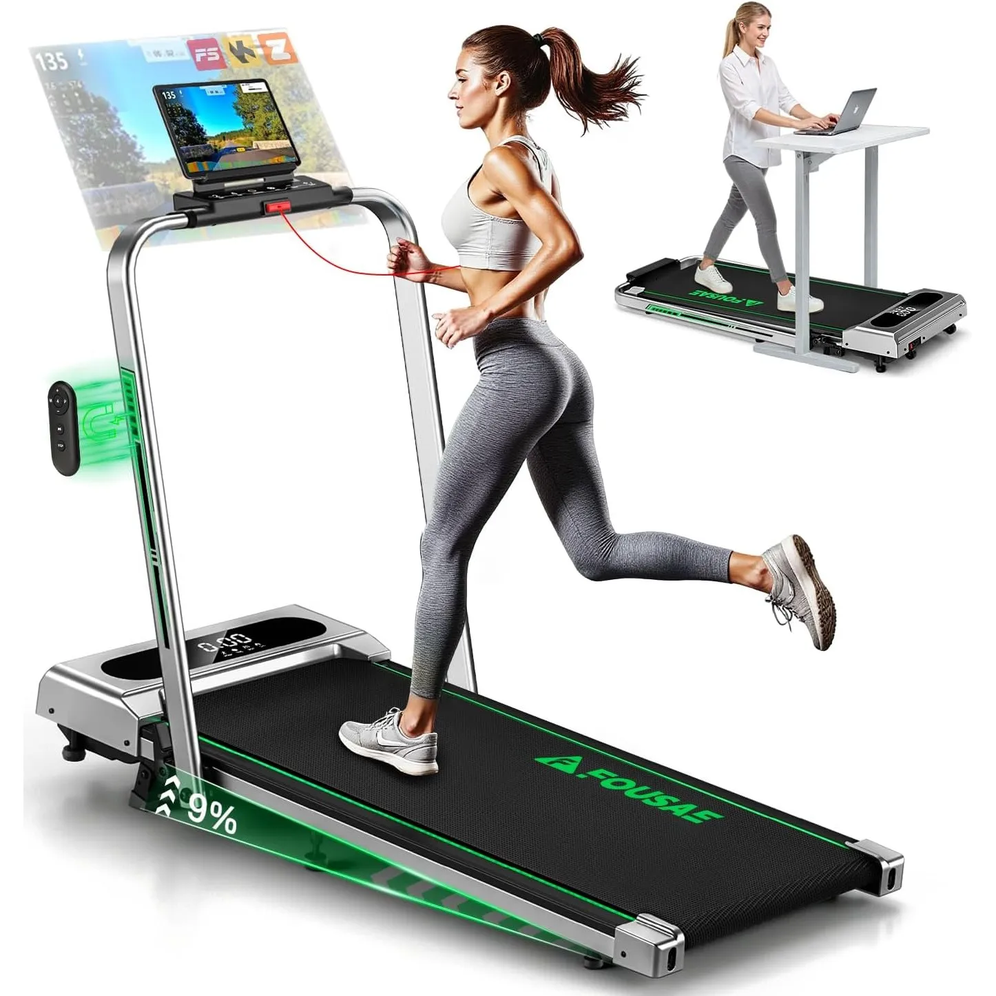 Laufband für Zuhause, 5 in 1 Walking Pad, 12km/h Klappbar Laufband mit 9% Steigung, 2.75HP Walking Machine mit LED-Anze…