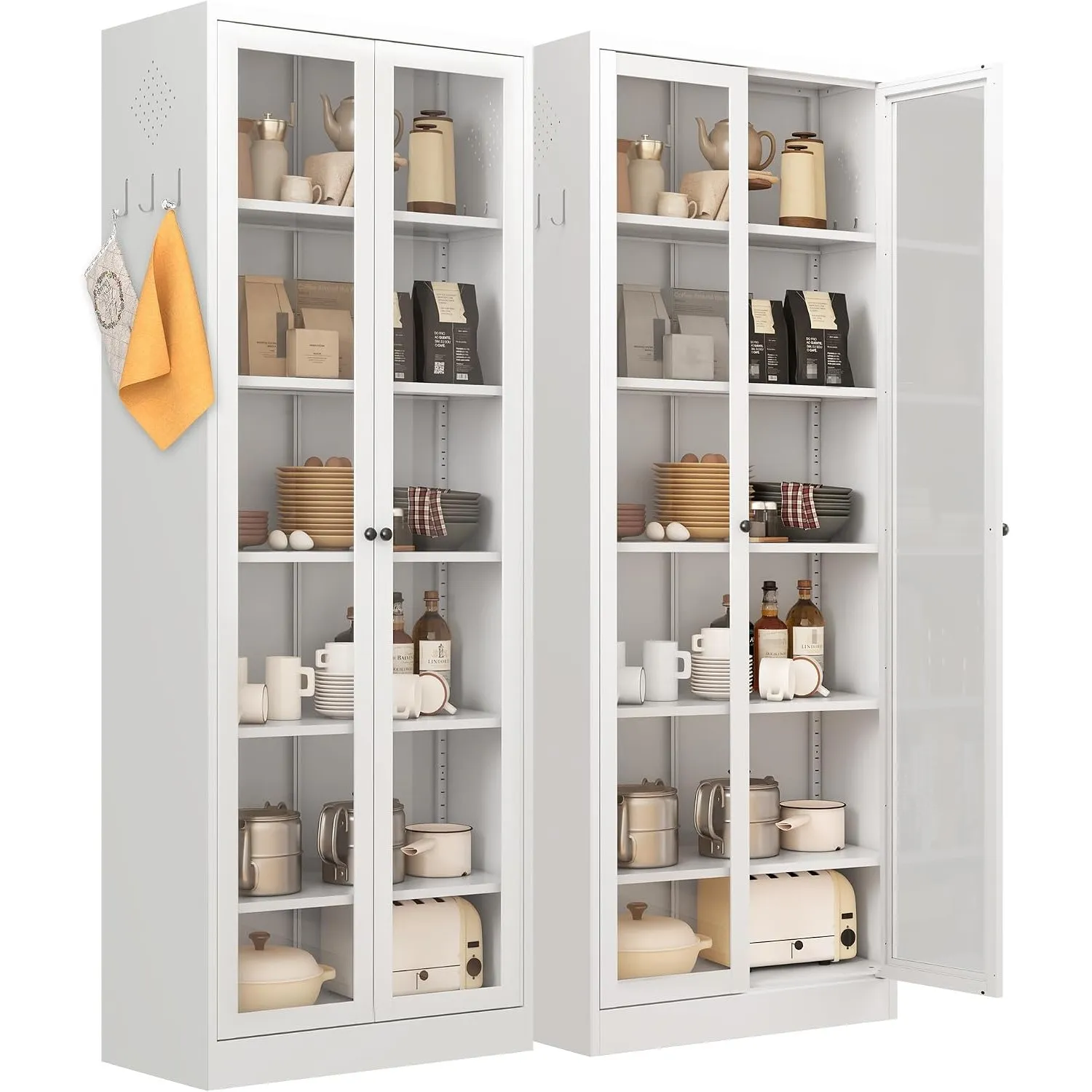 IKIMI 183x70x35cm Aktenschrank Metall mit 2 Glastüren und 5 verstellbaren Einlegeböden,Weiß Glasvitrine,6 Ebenen Mehrzw…