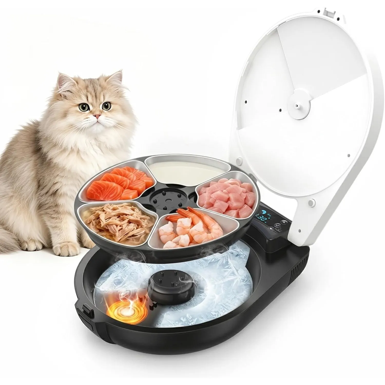 Futterautomat Katze Nassfutter mit Halbleiter-Kühlung & Heizung, 3 Tage Frisch Nassfutterautomat für Katzen, Programmie…