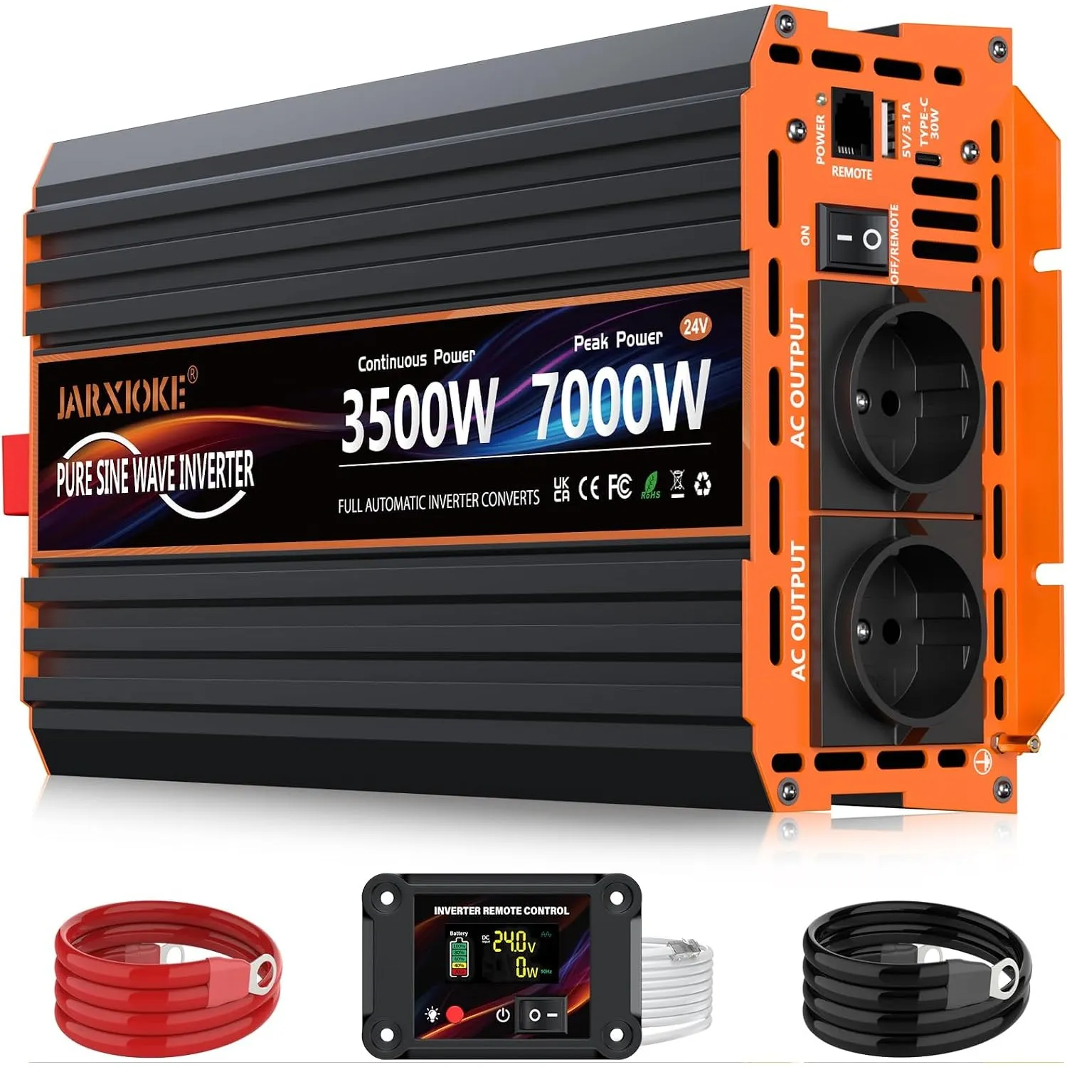Wechselrichter 3500W 24V auf 230V Reiner Sinus Spannungswandler Inverter Konverter mit LCD-Fernbedienung, 2 EU Steckdos…