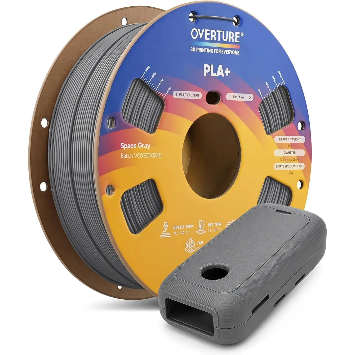 OVERTURE PLA+ 1,75 mm Space-Grau 1kg | High Speed PLA Plus