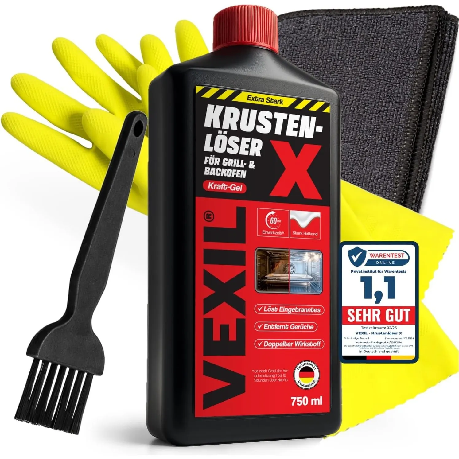 VEXIL Backofenreiniger EXTRA STARK + Pinsel + Tuch + Handschuhe – Doppelter Wirkstoff gegen Eingebranntes – hochkonzent…