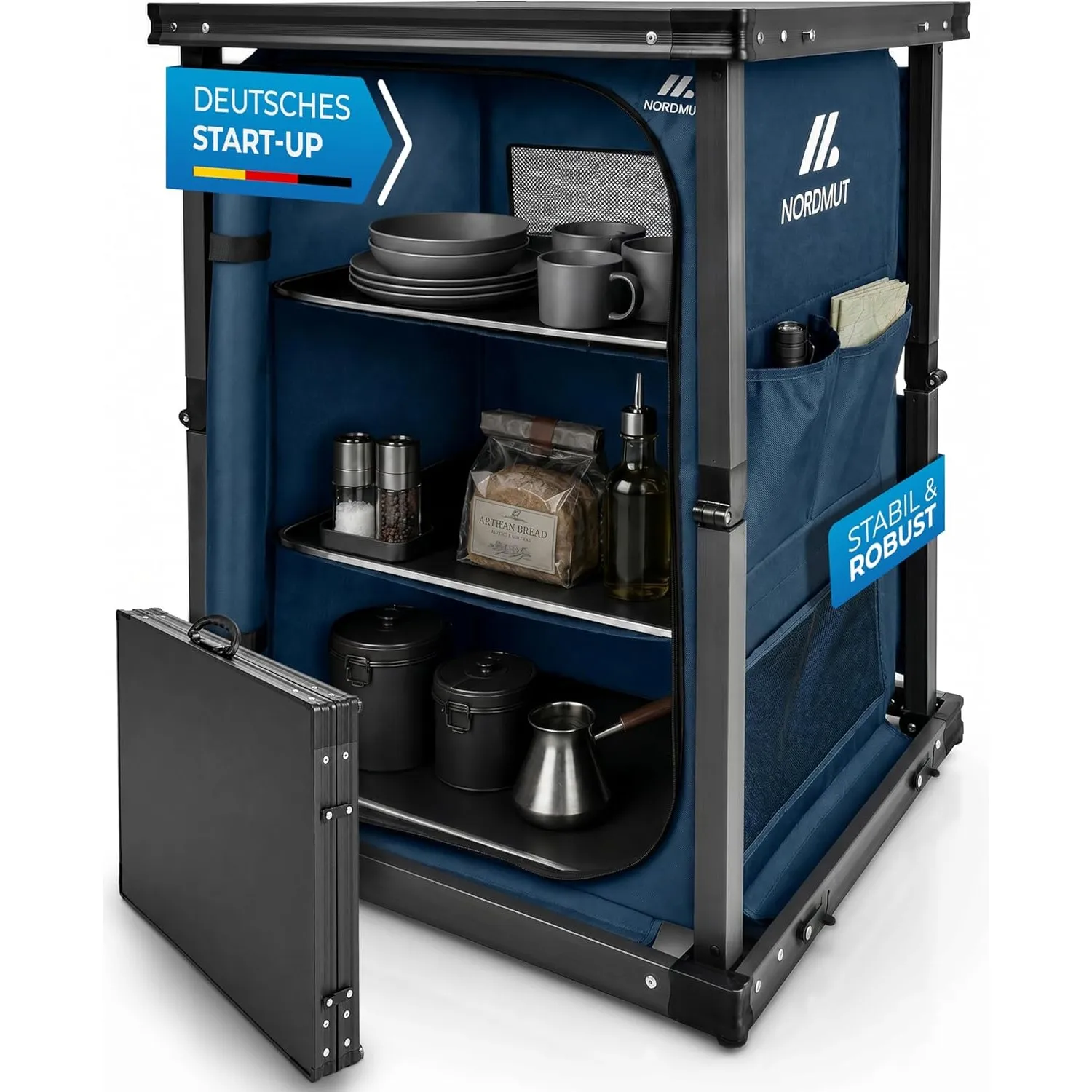 NORDMUT® Campingschrank faltbar – stabile Campingküche mit geräumigen Innenleben – leichtes Camping Regal klappbar für …